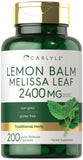 Carlyle Melisa cápsulas: botella frontal, uso diario práctico para bienestar natural.