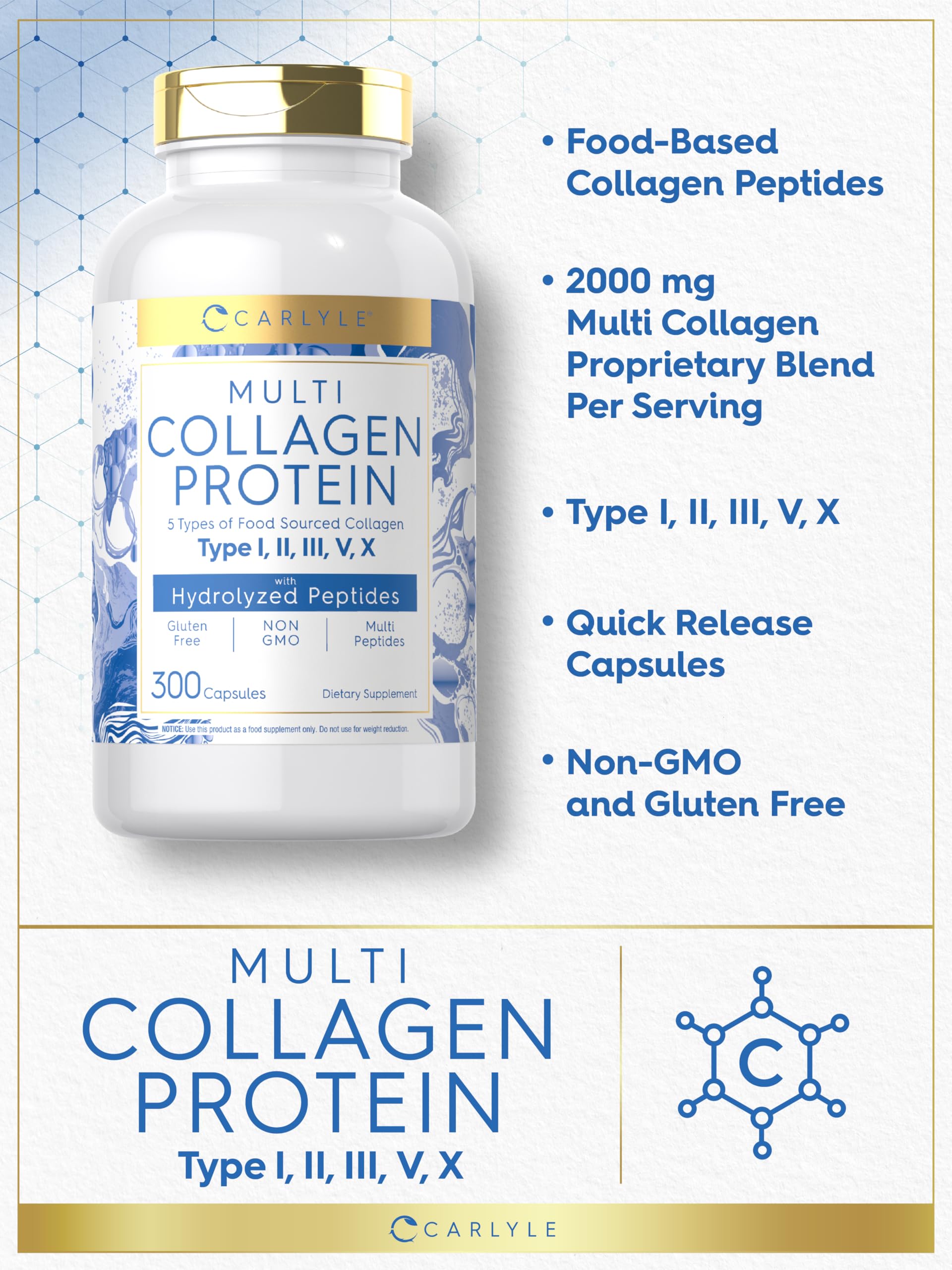 Carlyle Multi Colágeno Cápsulas 2000mg, etiqueta lateral, información clara sobre componentes.