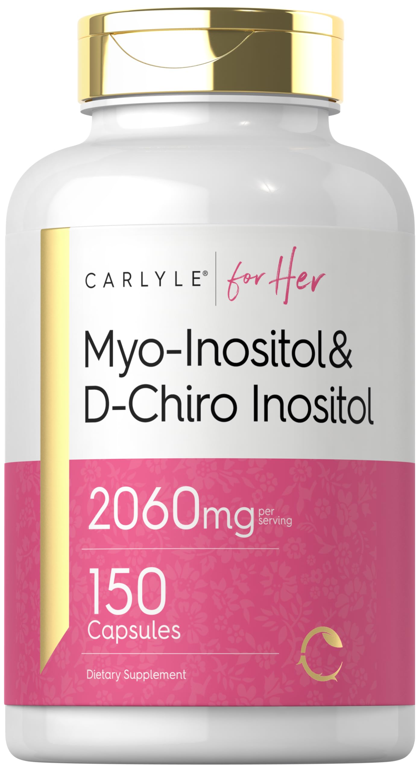 Carlyle Myo-Inositol y D-Chiro Inositol en cápsulas, frasco para uso diario.