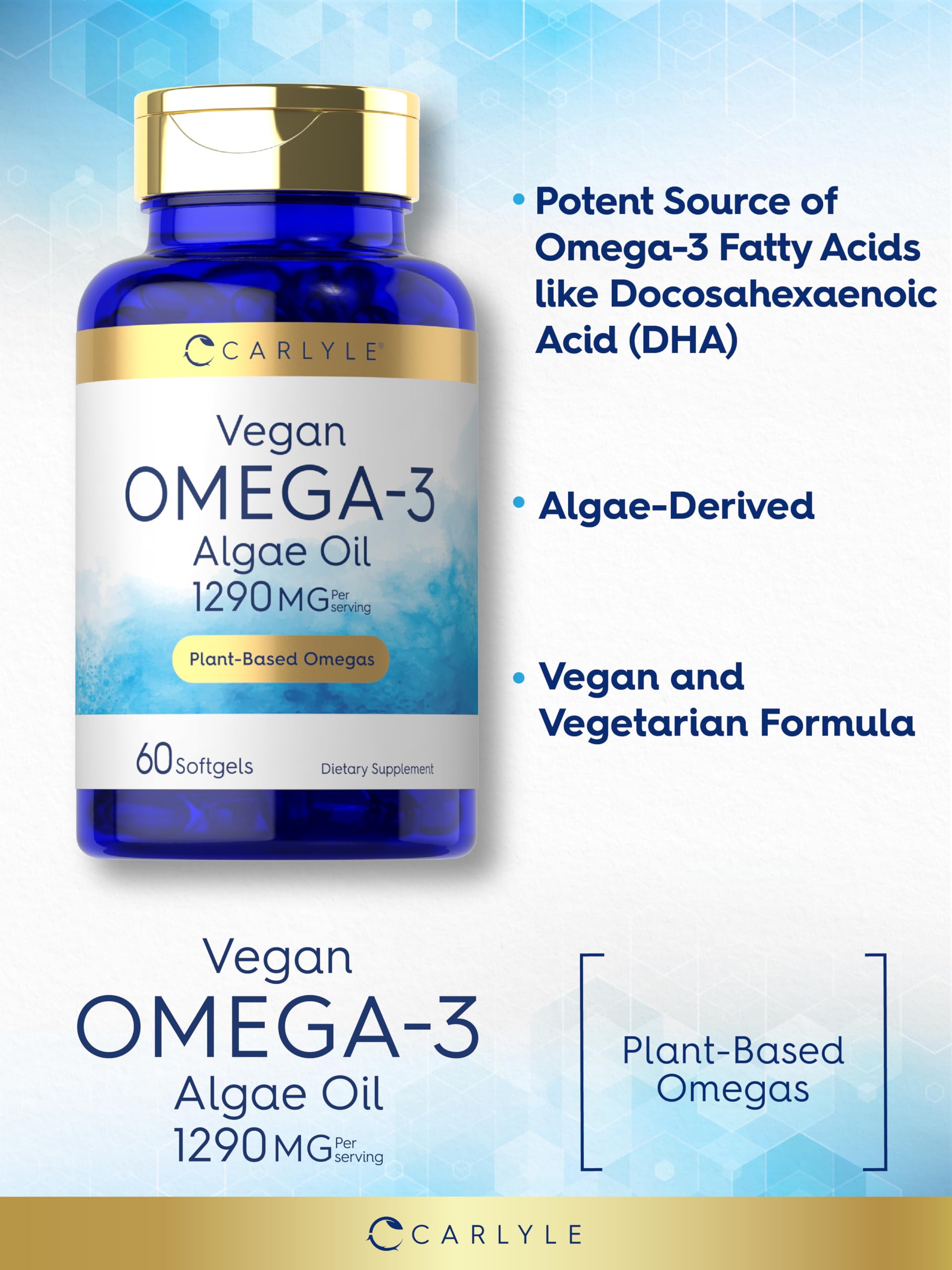 Carlyle Omega-3 mano sosteniendo cápsulas, fácil consumo diario