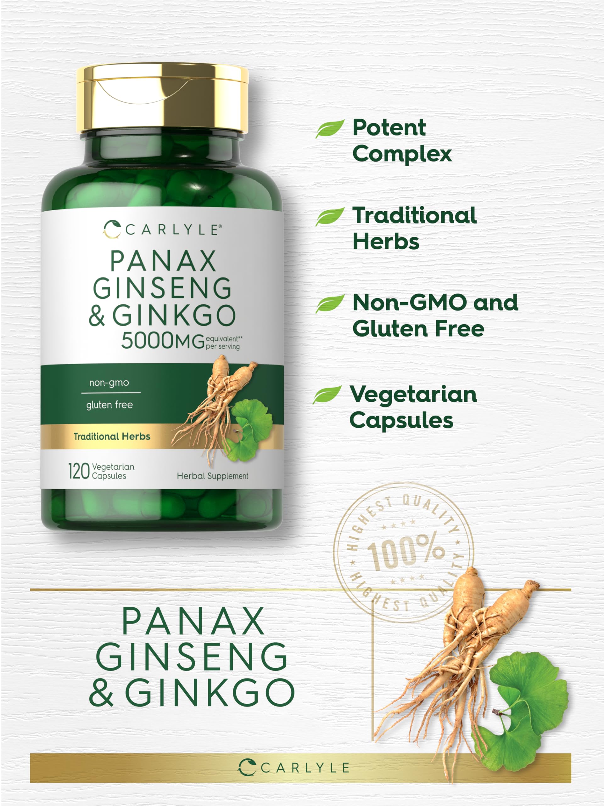 Carlyle Panax Ginseng & Ginkgo, cápsulas diarias para rutina saludable
