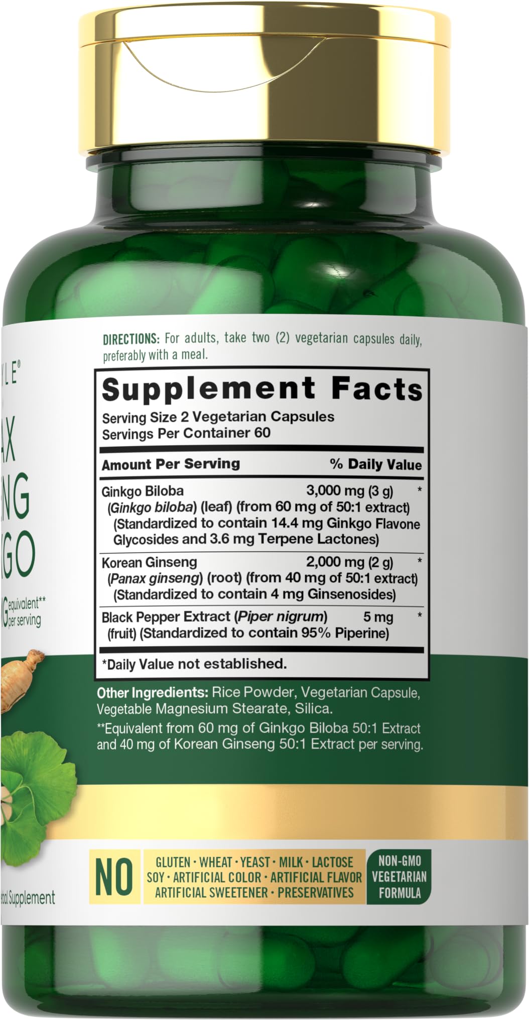 Carlyle Panax Ginseng & Ginkgo, detalle de empaque, lectura clara de ingredientes y valor