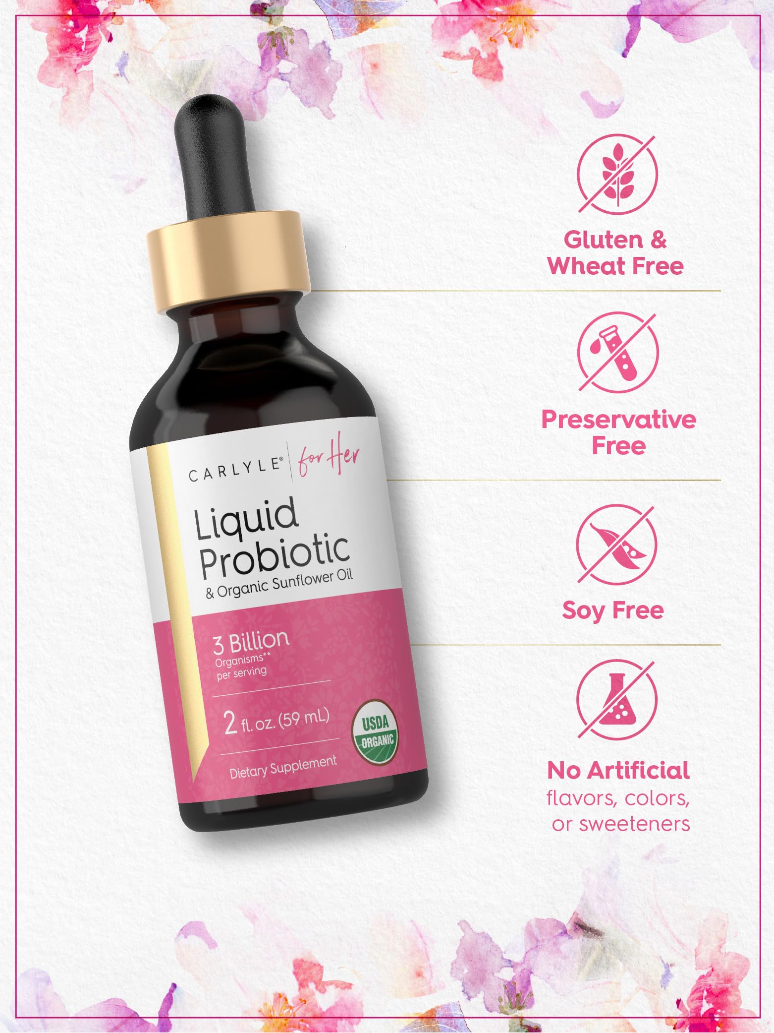 Carlyle probiótico libre de gluten y colorantes artificiales para mujeres.