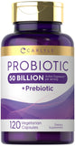 Frasco de Carlyle Probiotics: cápsulas con 50 mil millones para apoyo digestivo.