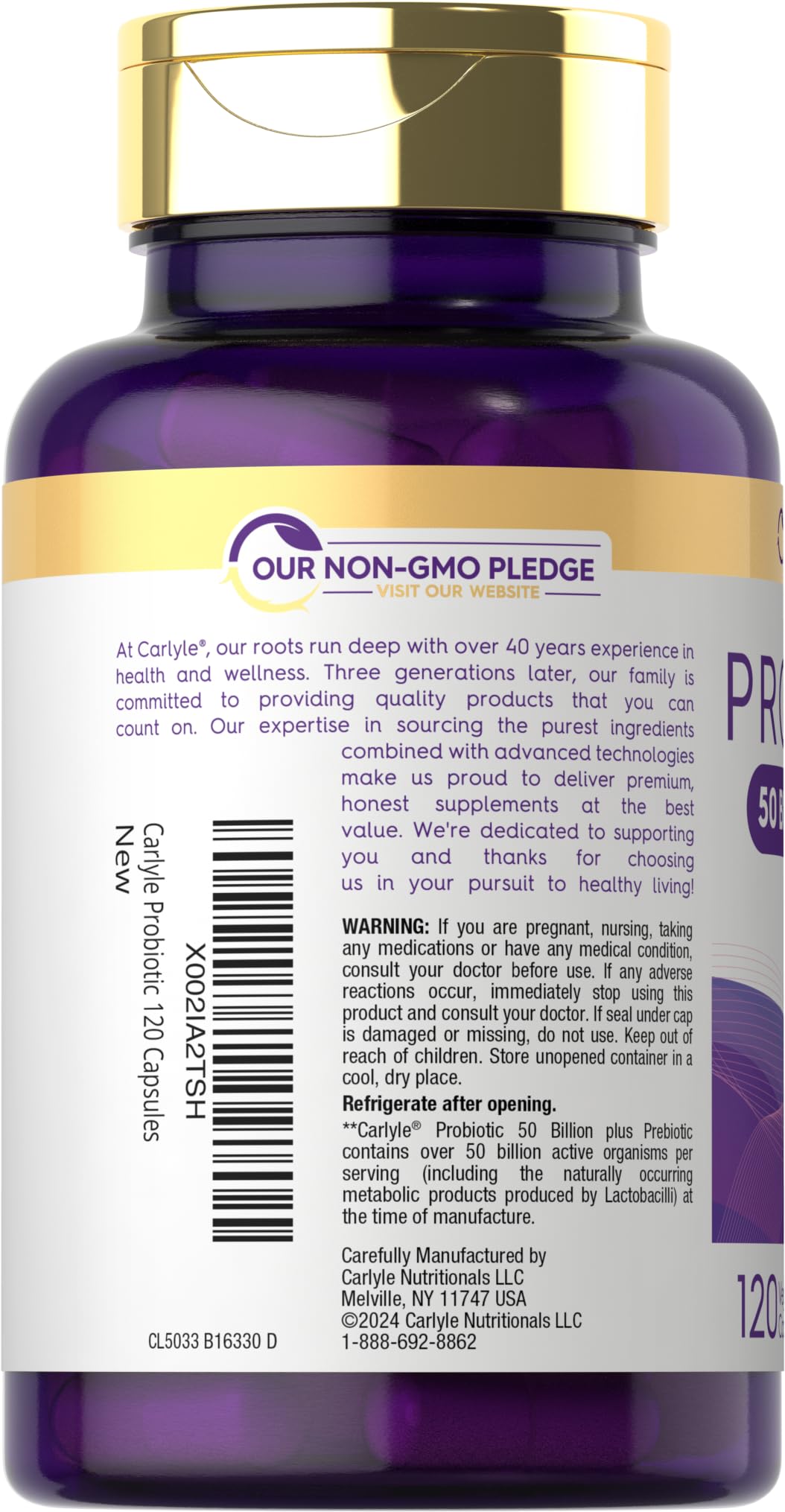 Etiqueta de Carlyle Probiotics mostrando gluten libre.