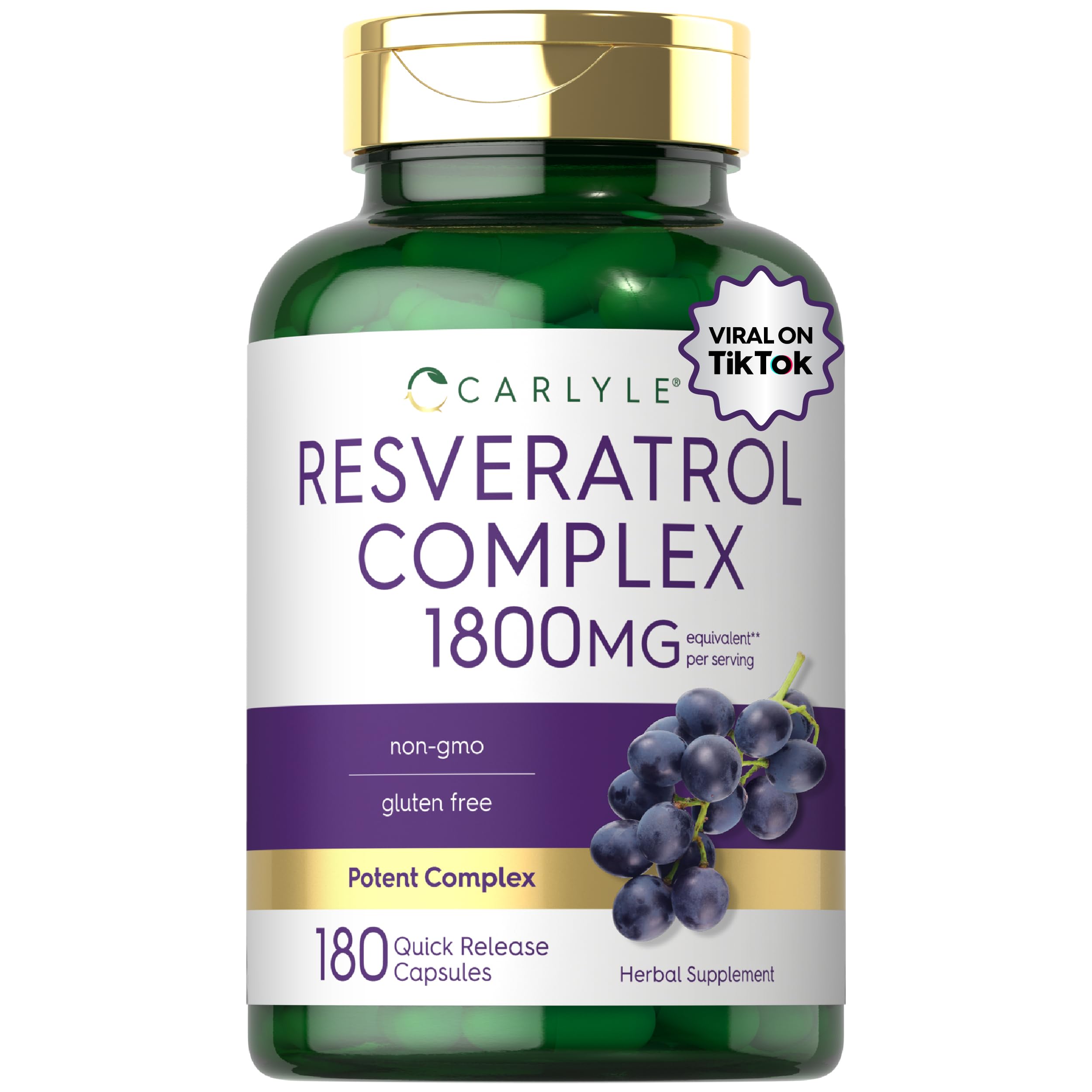 Carlyle Resveratrol Complex, botella vertido, apoyo al bienestar diario.