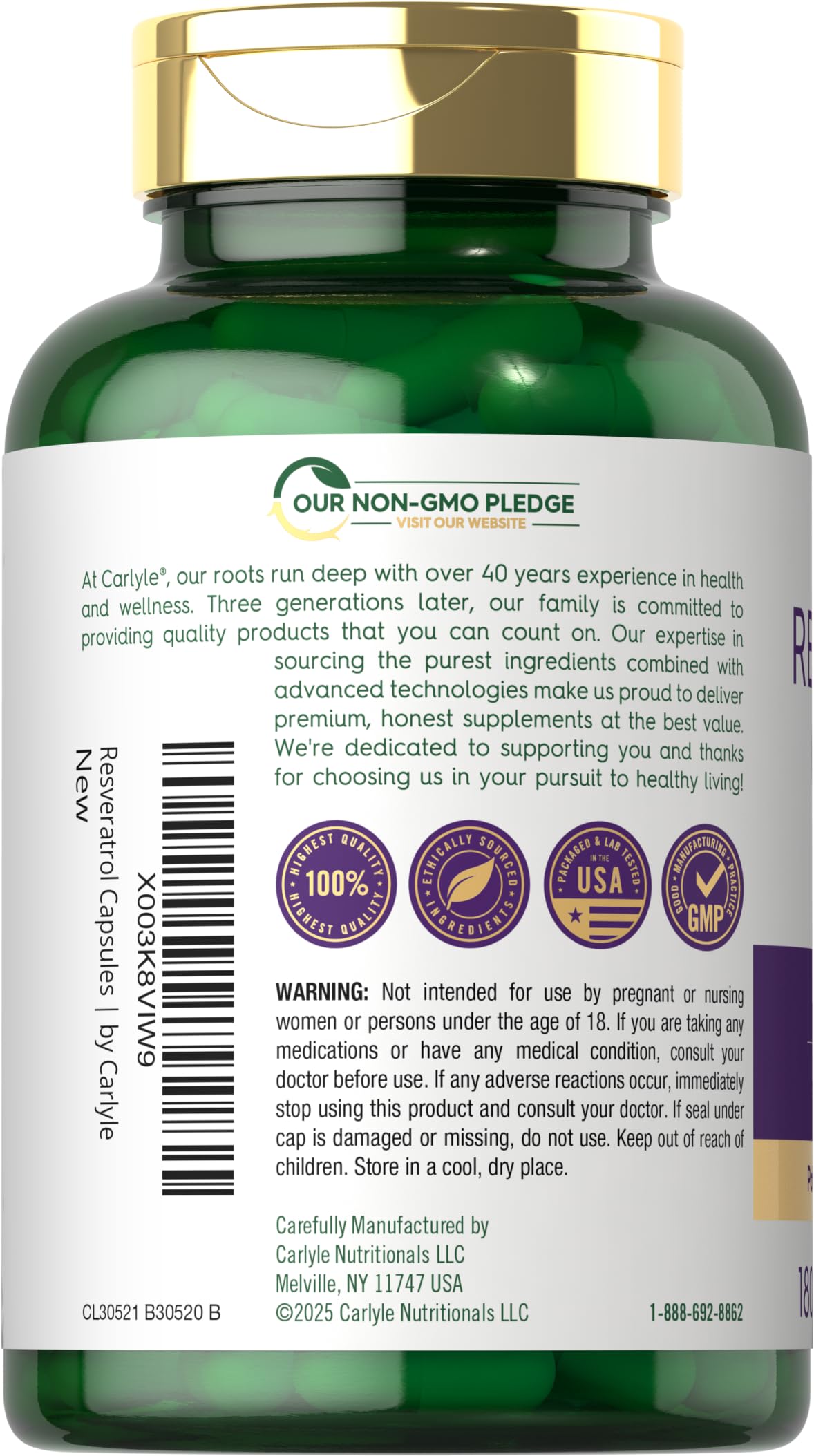 Carlyle Resveratrol Complex, etiqueta-nutricional, claridad de ingredientes.