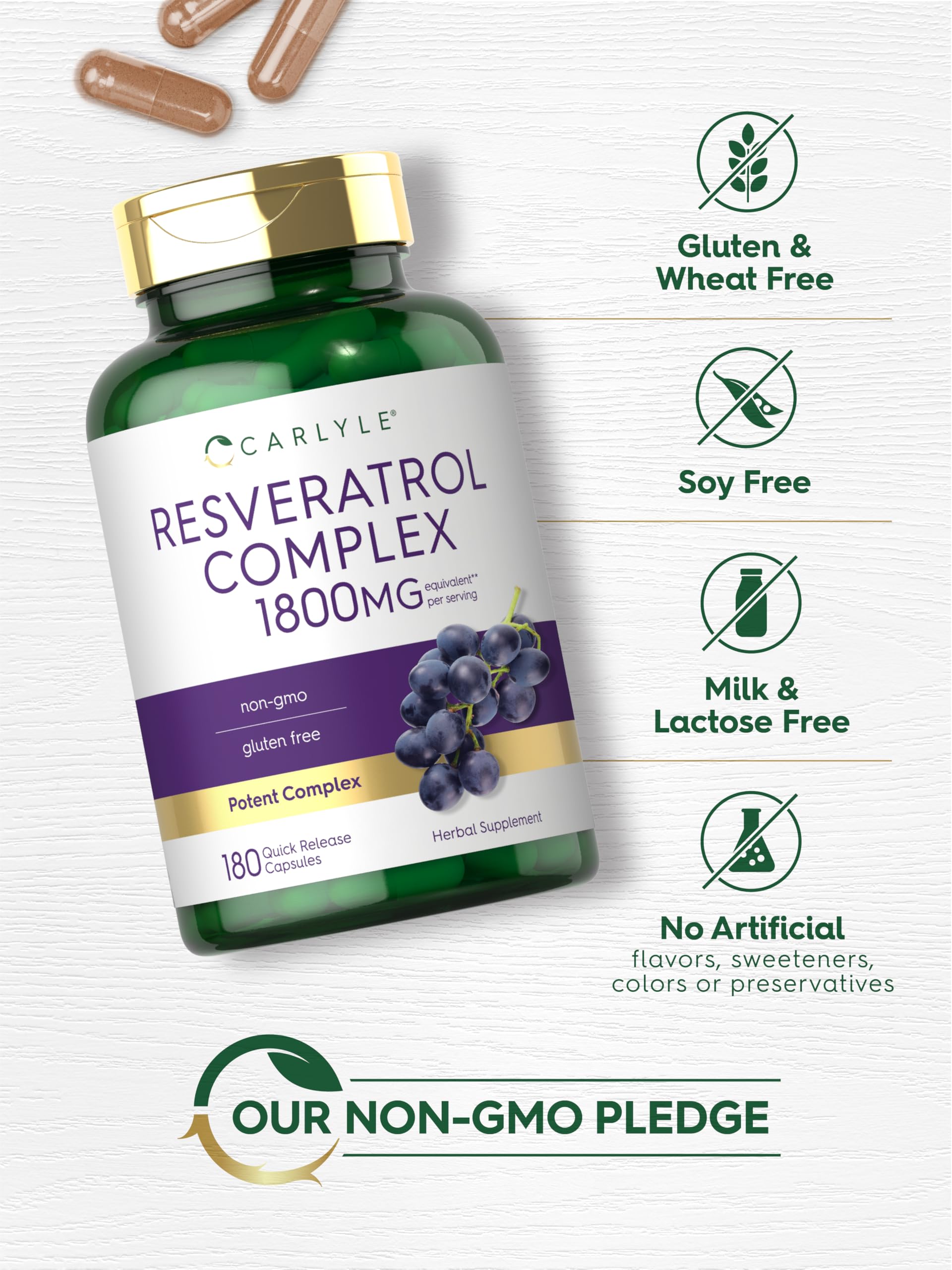 Carlyle Resveratrol Complex, frasco-frente, diseño de empaque confiable.
