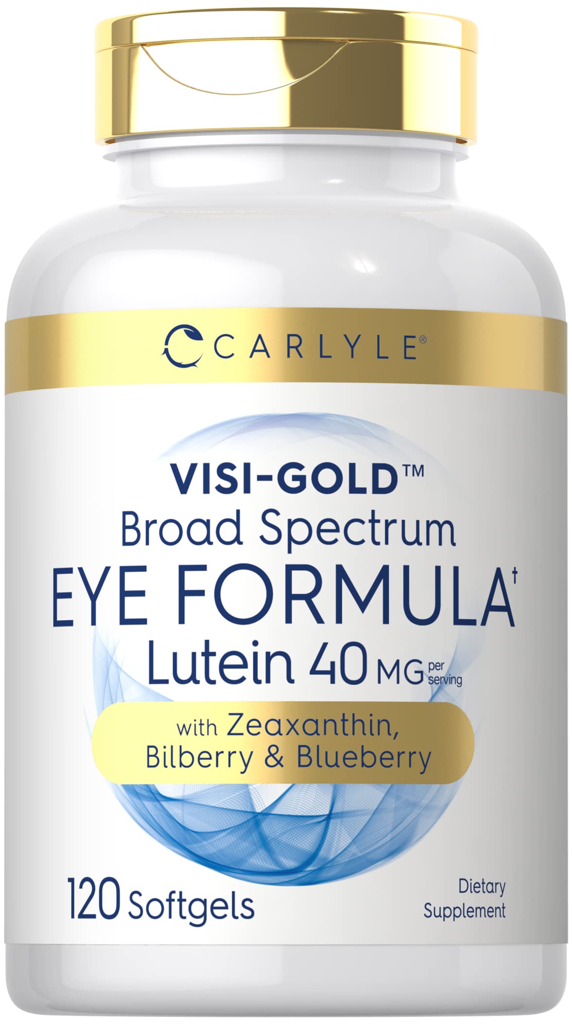 Carlyle Suplemento para la Salud Ocular, botella en primer plano, apoyo visual diario.