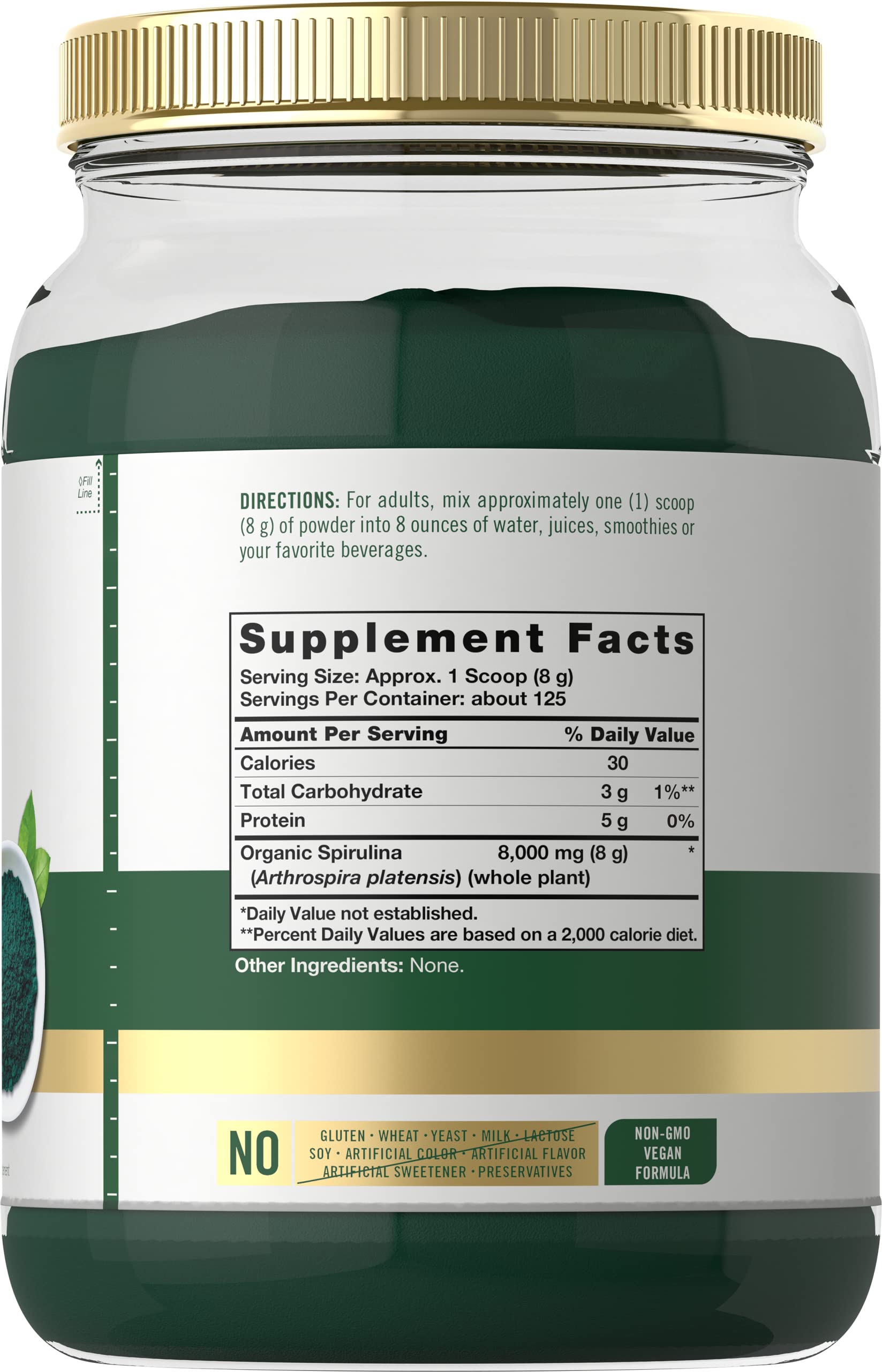 Polvo de spirulina Carlyle, 8 g por porción para energía