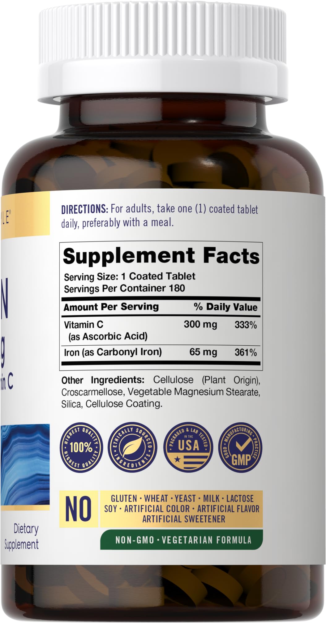 Etiqueta de Carlyle Hierro 65 mg con Vitamina C para uso diario