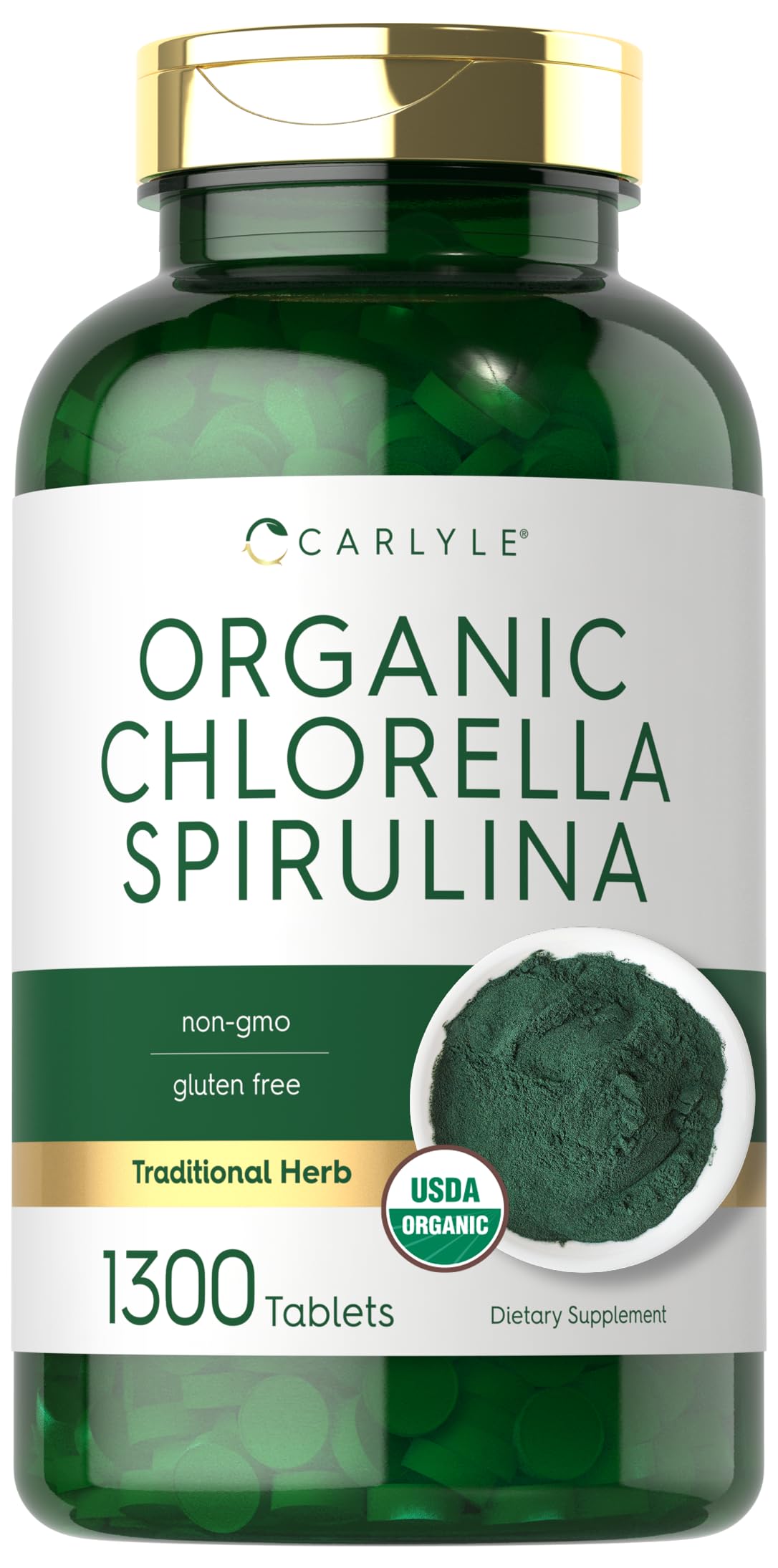 Carlyle chlorella-spirulina en botella, suplemento vegetariano para la rutina diaria