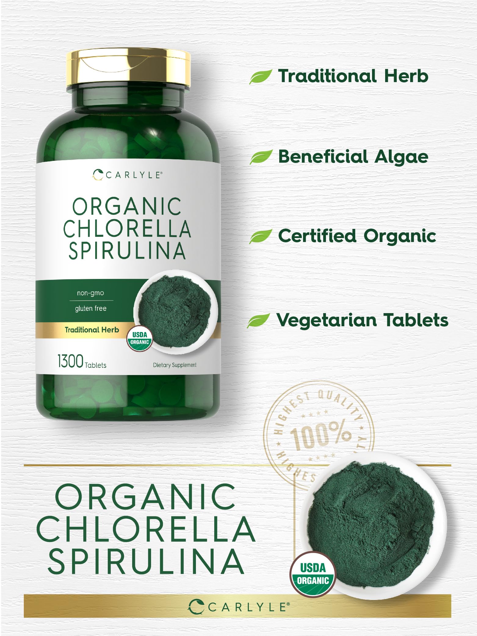 Envase Carlyle chlorella-spirulina, práctico para almacenamiento en casa