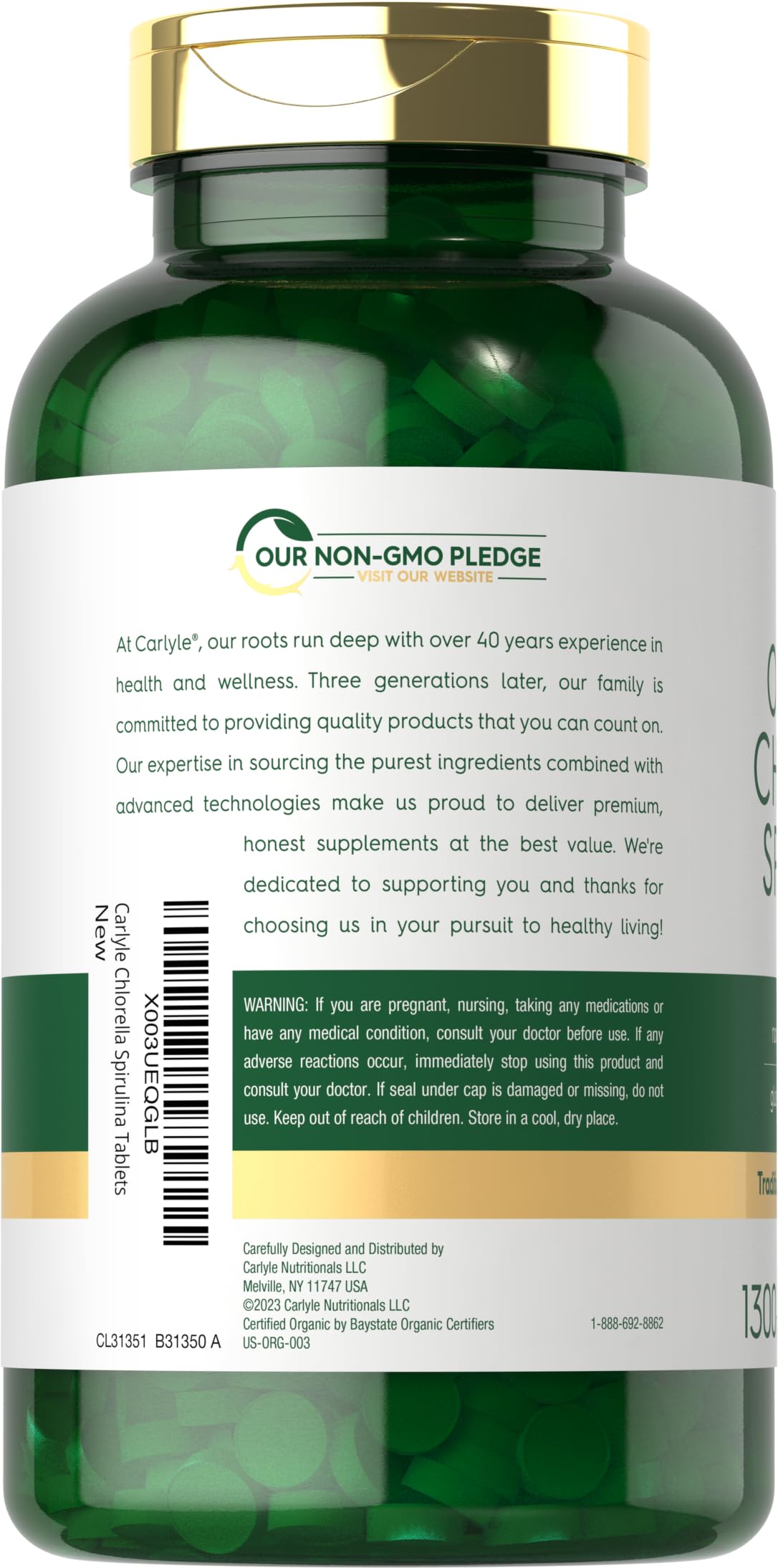 Etiqueta nutricional de Carlyle chlorella-spirulina con información clara