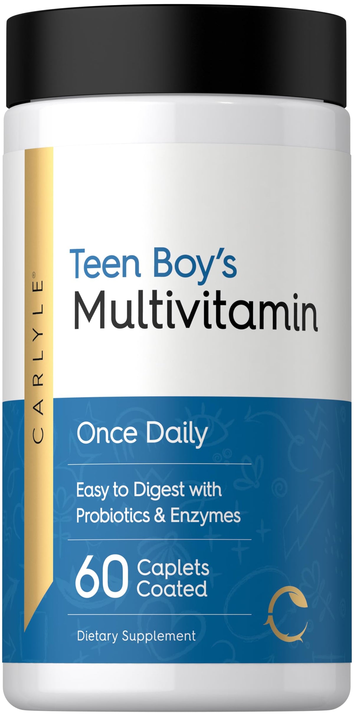 Carlyle Teen Multivitamin para chicos, botella de cápsulas recubiertas para uso diario.