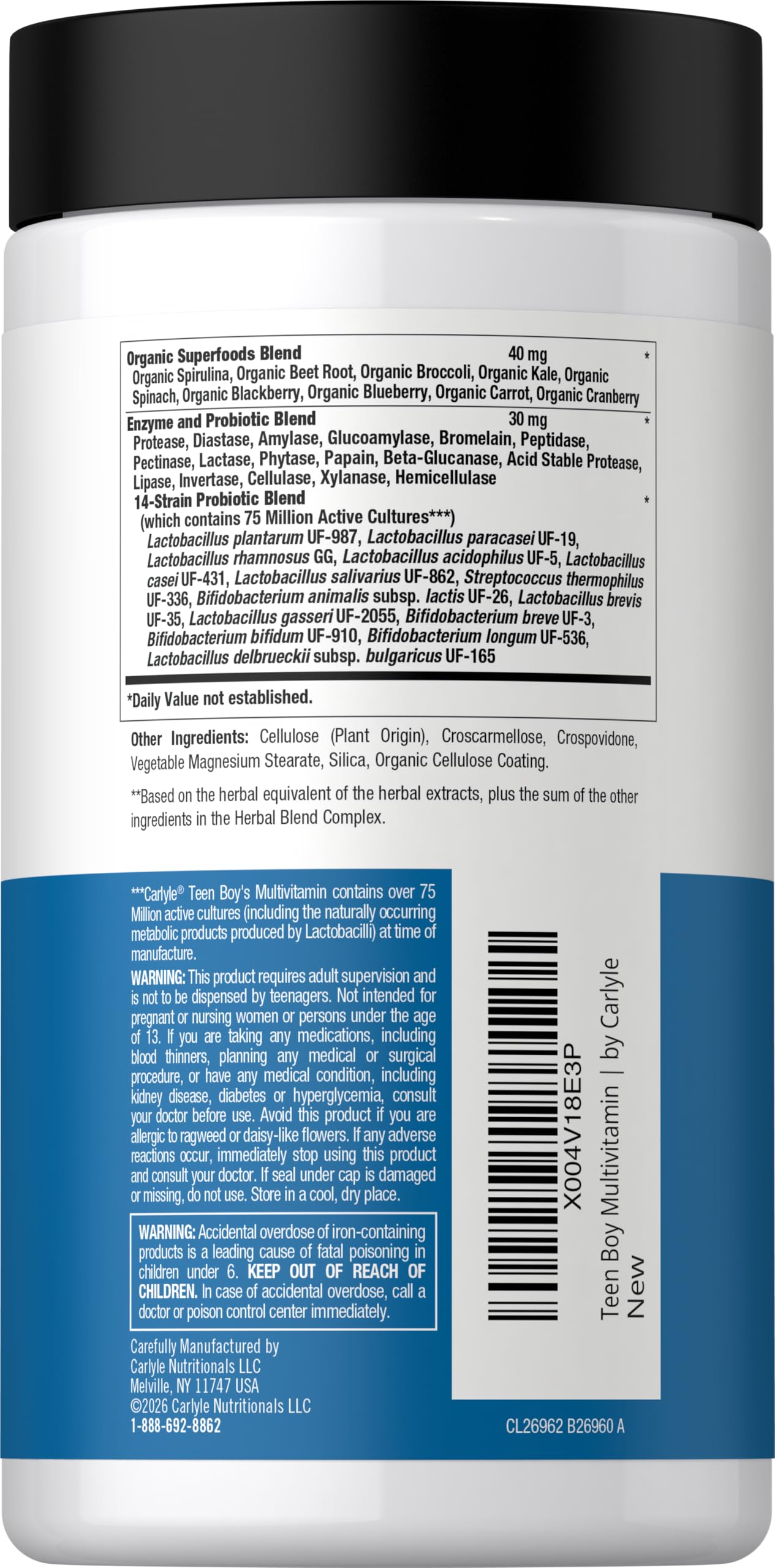 Carlyle Teen Multivitamin con hierro para apoyo nutricional diario.