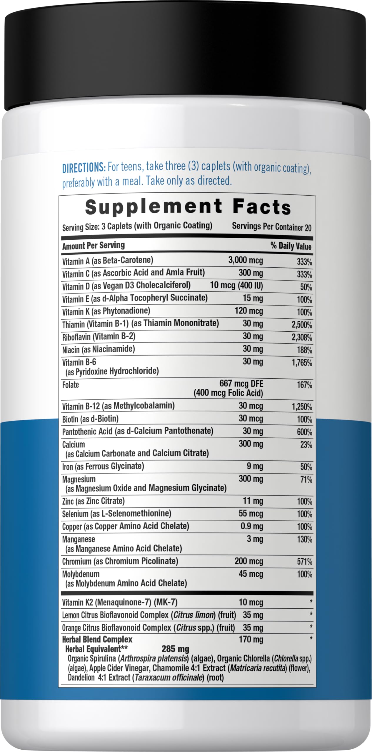 Carlyle Teen Multivitamin con probióticos y enzimas para digestión suave.