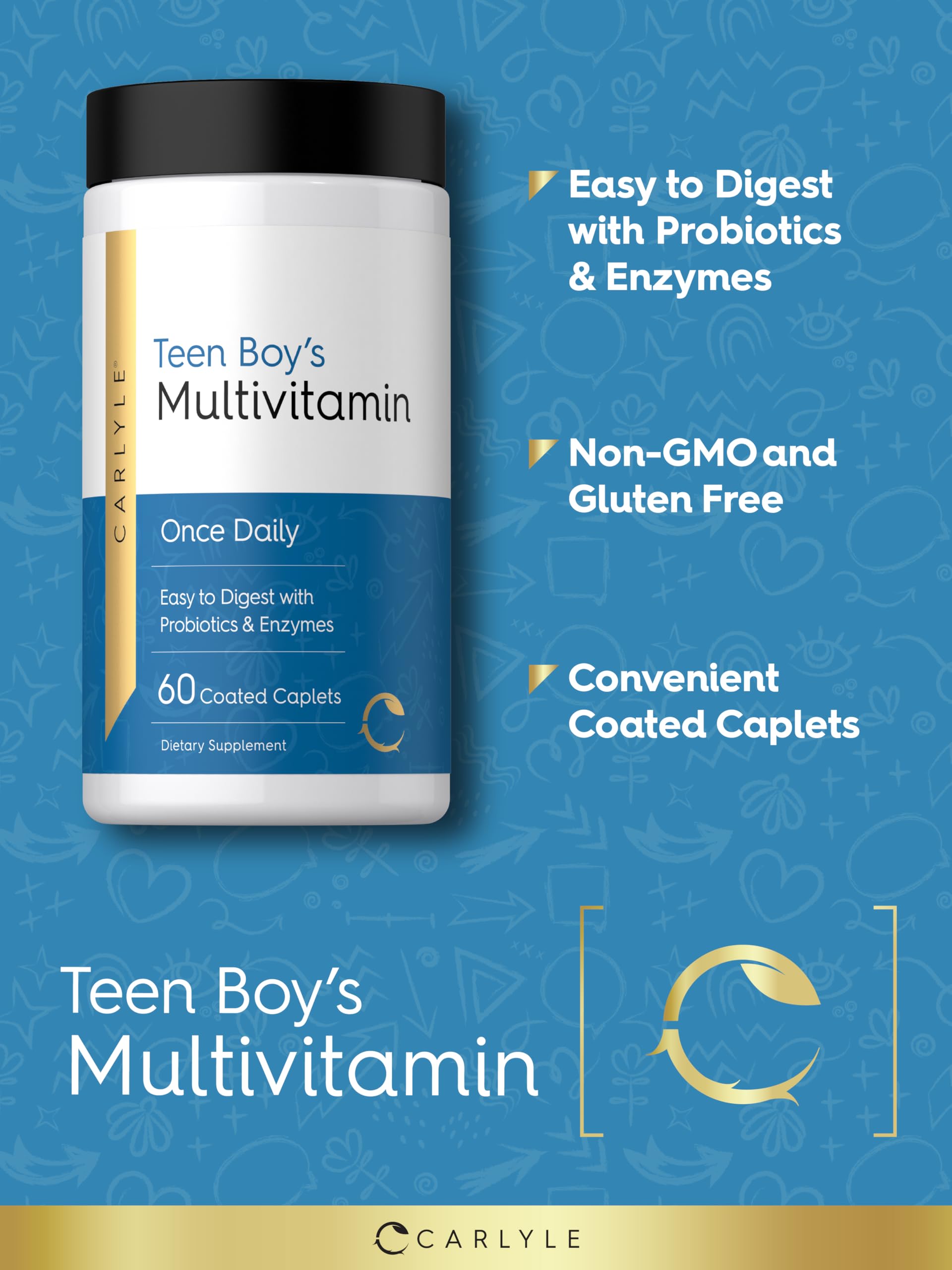 Carlyle Teen Multivitamin libre de gluten, etiqueta apta para dietas.