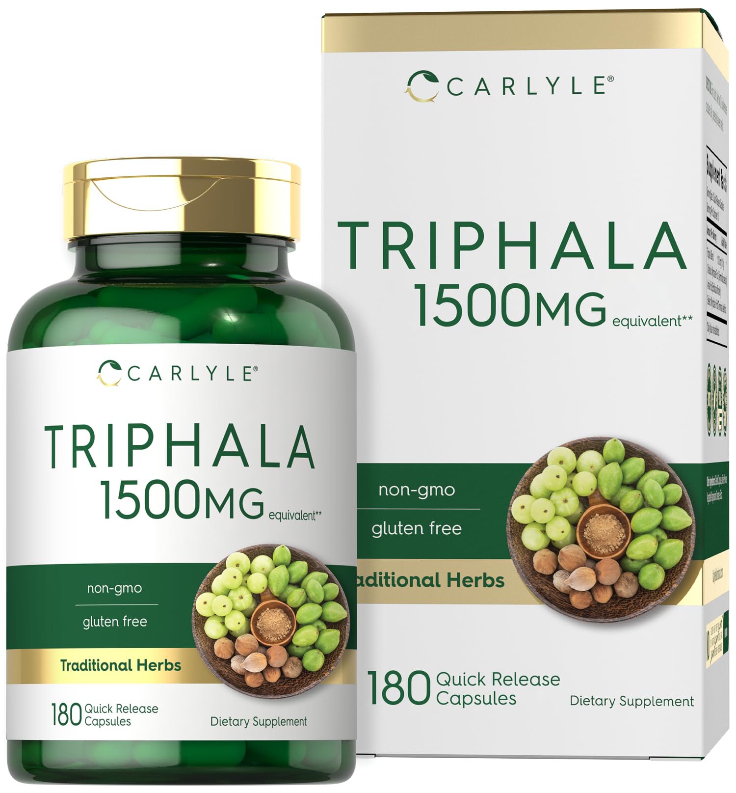 Carlyle Triphala cápsulas en botella para rutina diaria de bienestar.
