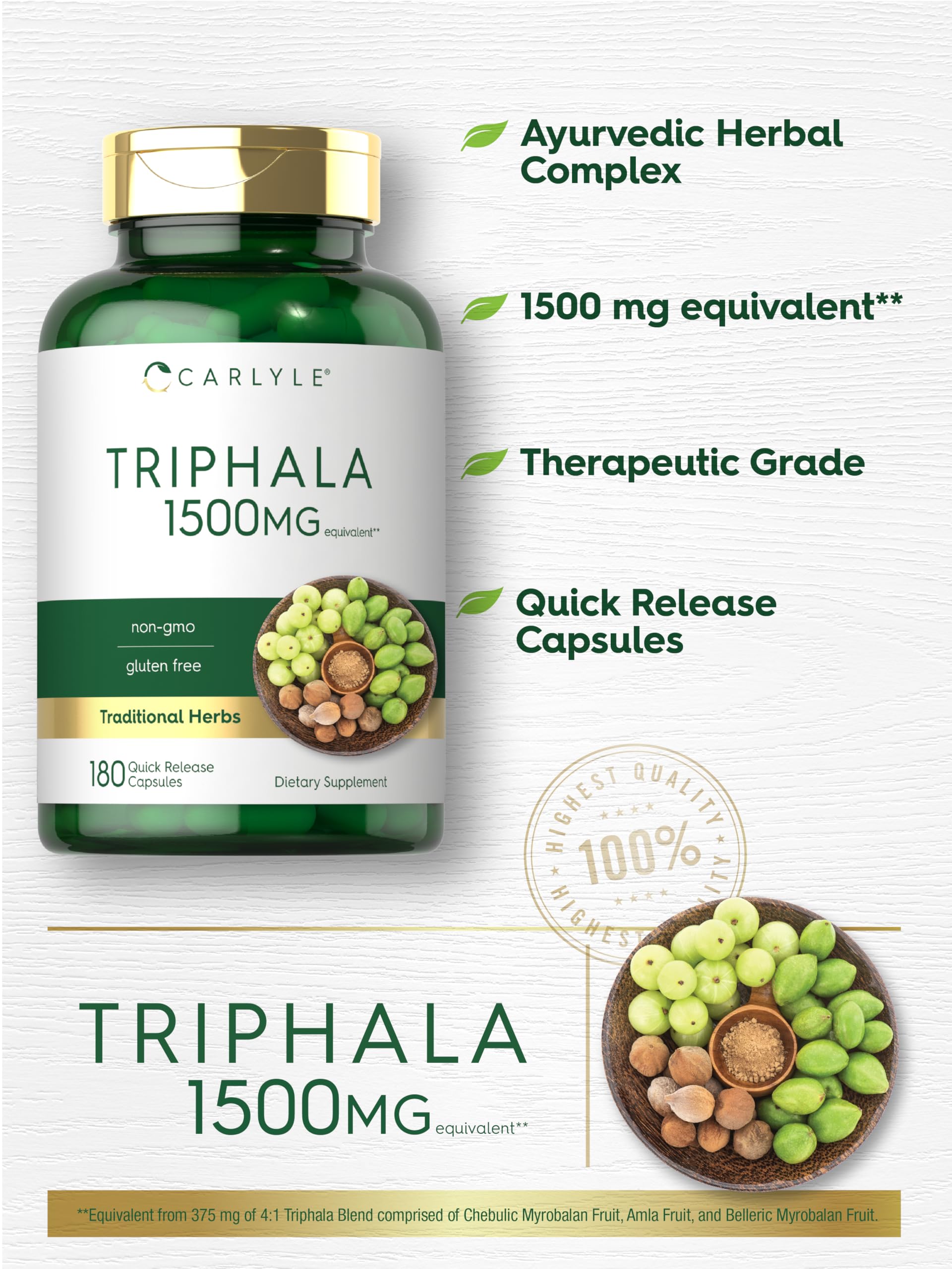 Detalle de la etiqueta trasera de Carlyle Triphala con información clave.