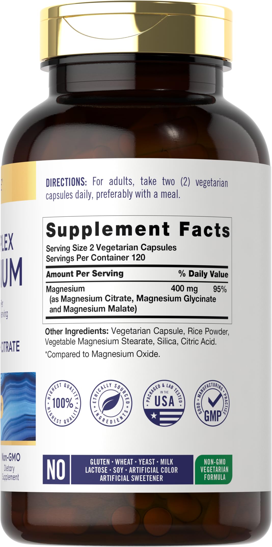 Carlyle Triple Magnesium Complex, cápsulas visibles, apoyo diario sin gluten