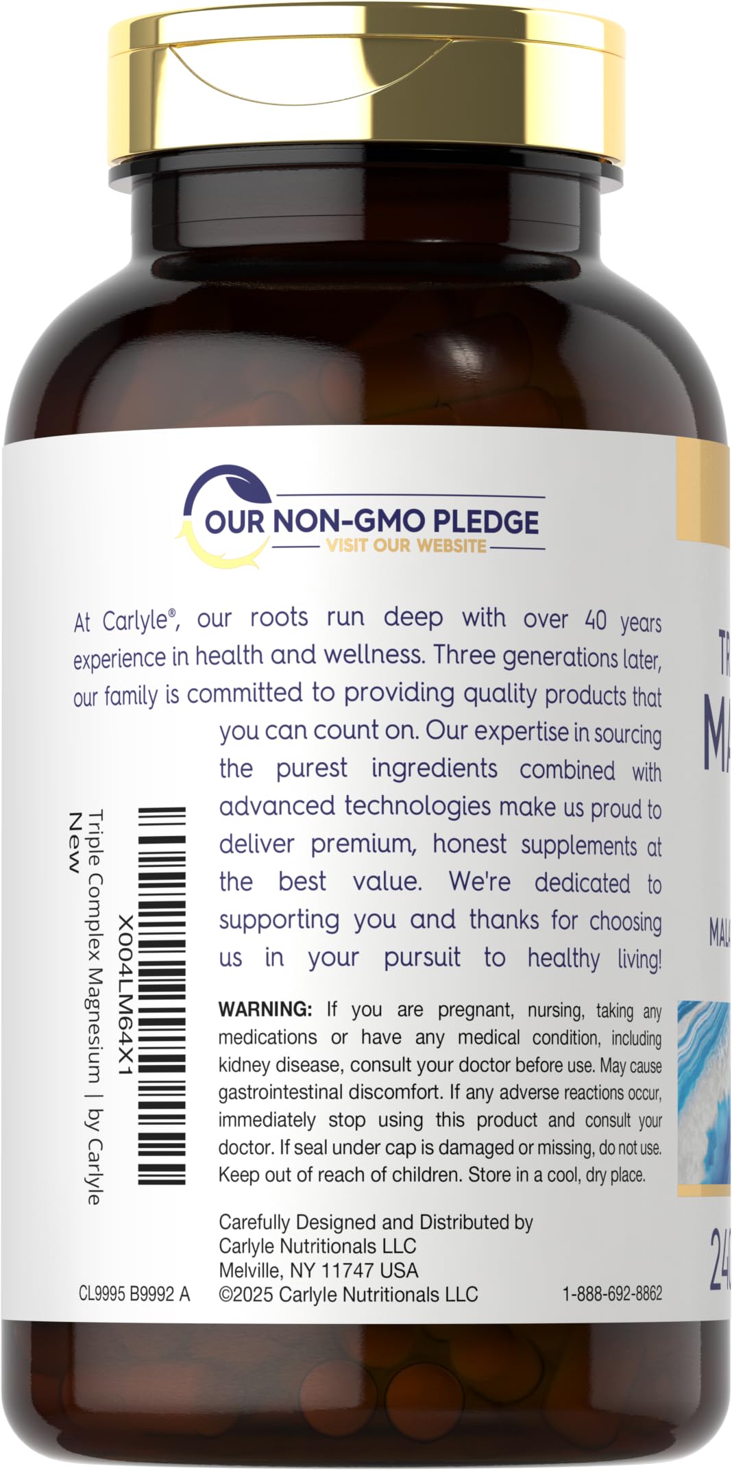 Etiqueta Carlyle Triple Magnesium Complex, detalle de ingredientes y magnesio en diferentes formas