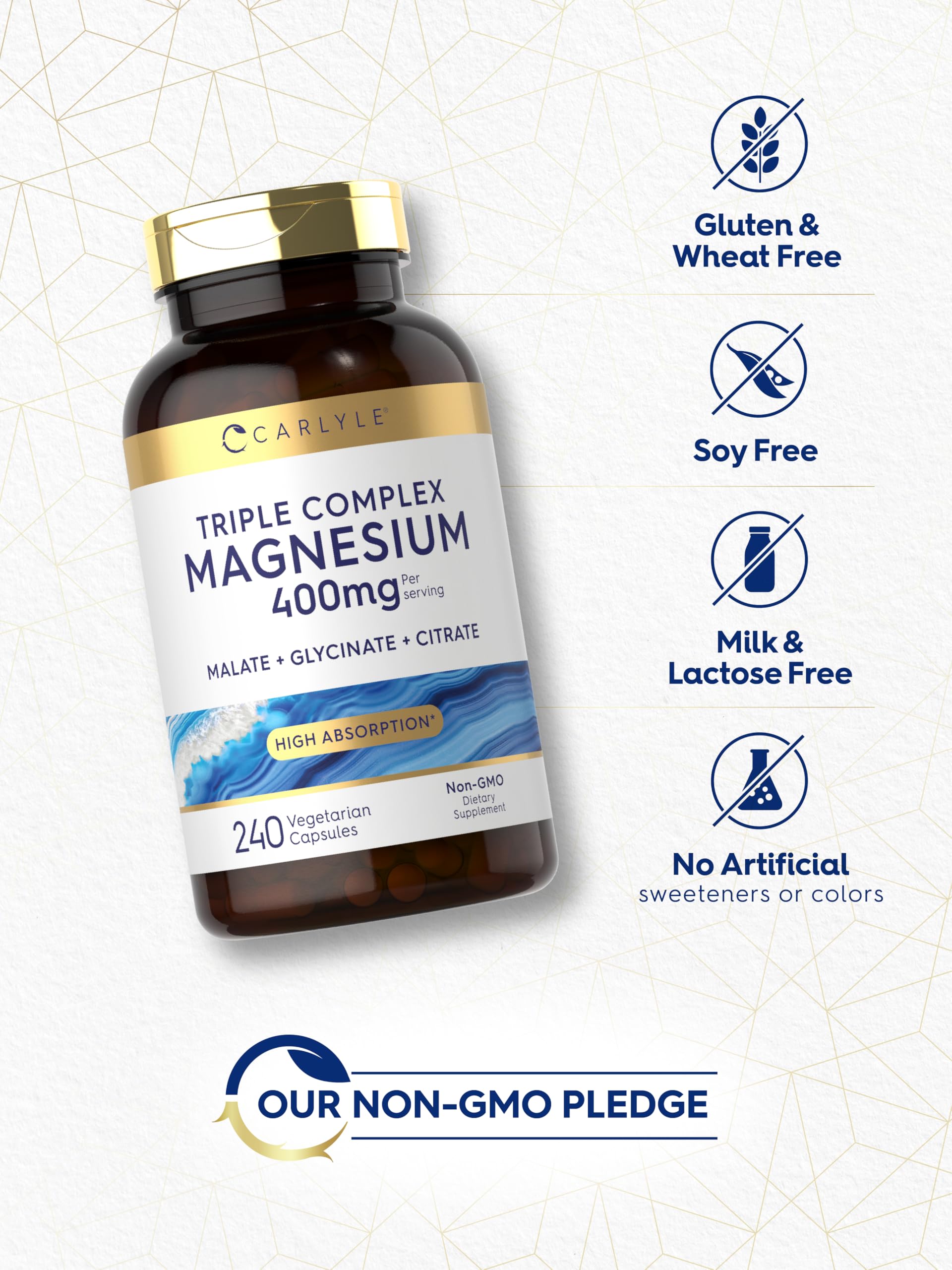 Carlyle Triple Magnesium Complex, porción de 400 mg destacada