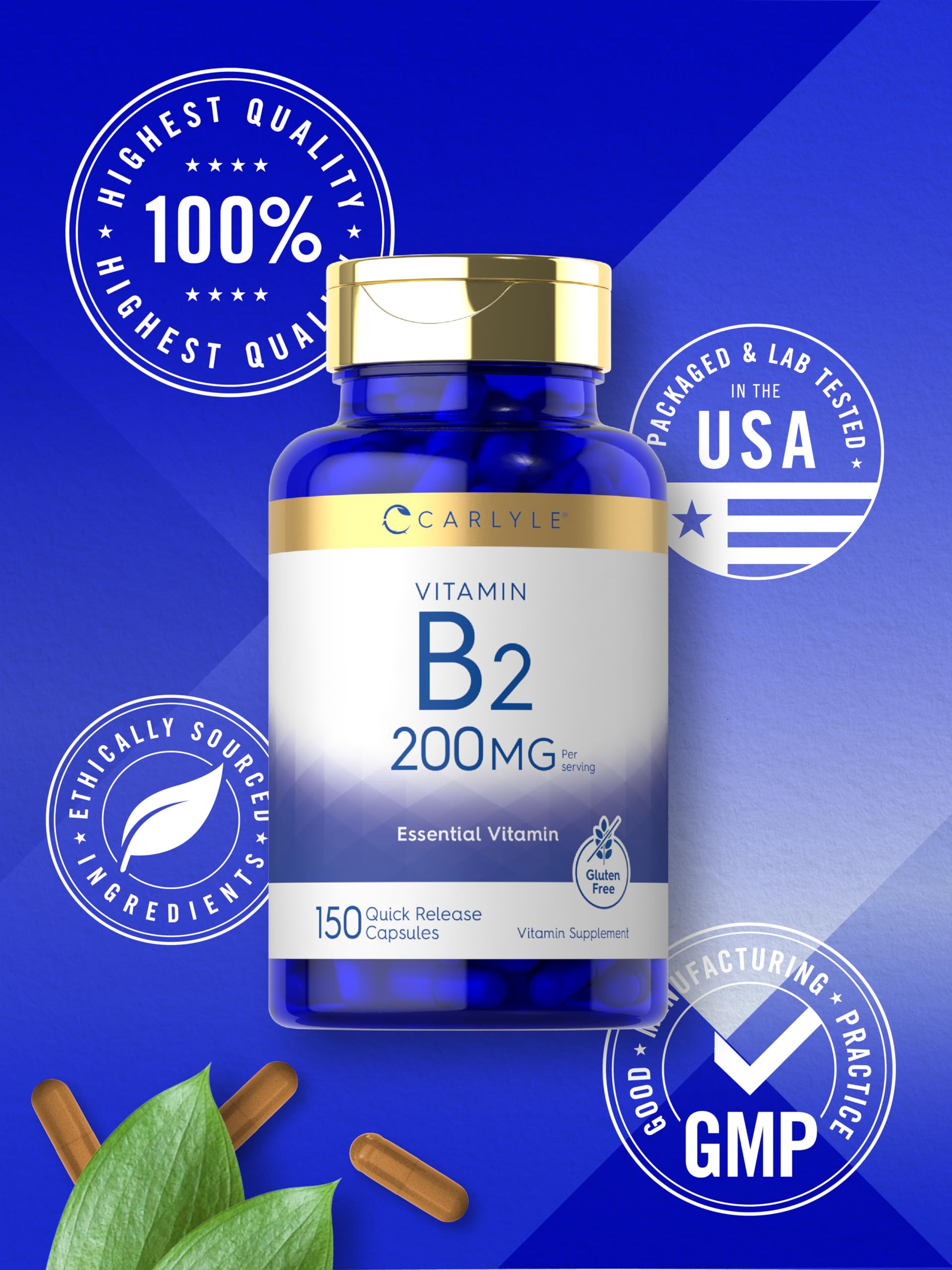 Carlyle Vitamina B2 200 mg: caja abierta mostrando dosis diarias simples.