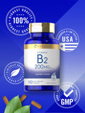 Carlyle Vitamina B2 200 mg: caja abierta mostrando dosis diarias simples.