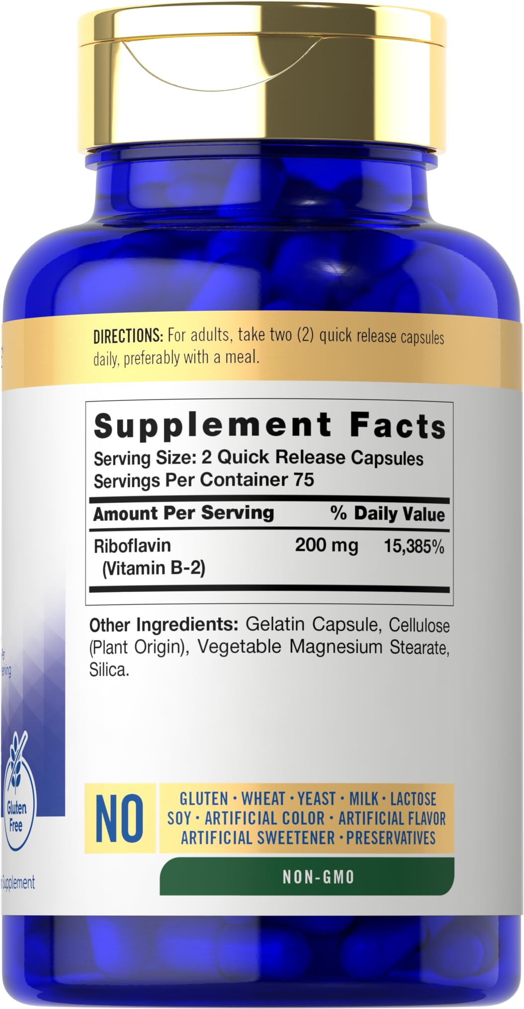 Carlyle Vitamina B2: etiqueta frontal que destaca el aporte diario de riboflavina.