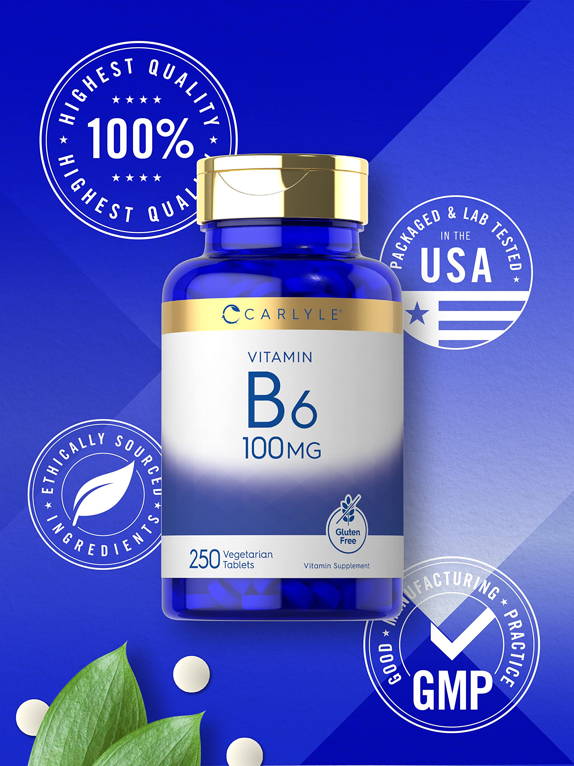 Etiqueta cercana destaca ingredientes y perfil de Carlyle B6 100 mg.