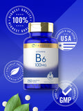 Etiqueta cercana destaca ingredientes y perfil de Carlyle B6 100 mg.