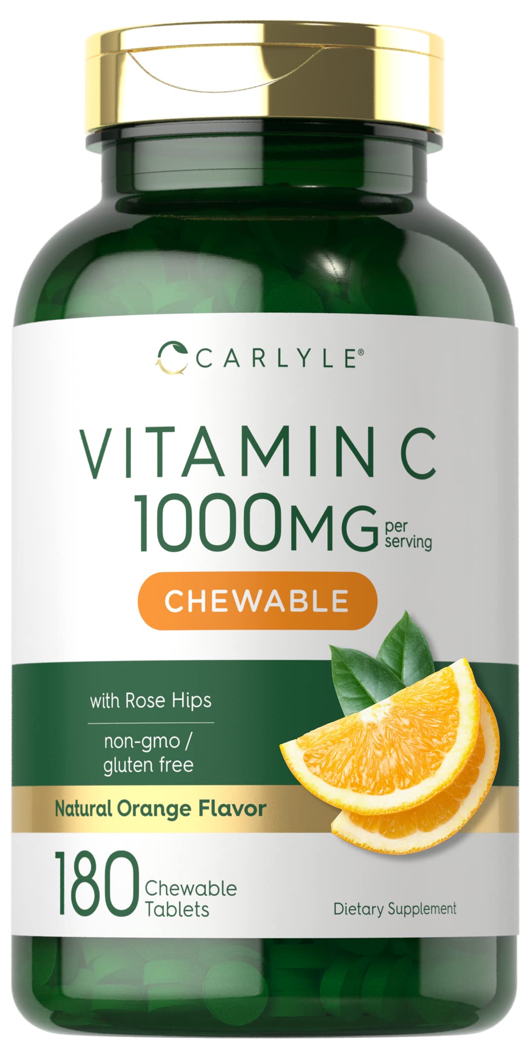 Carlyle Vitamina C masticables sabor naranja, 180 tabletas para uso diario.