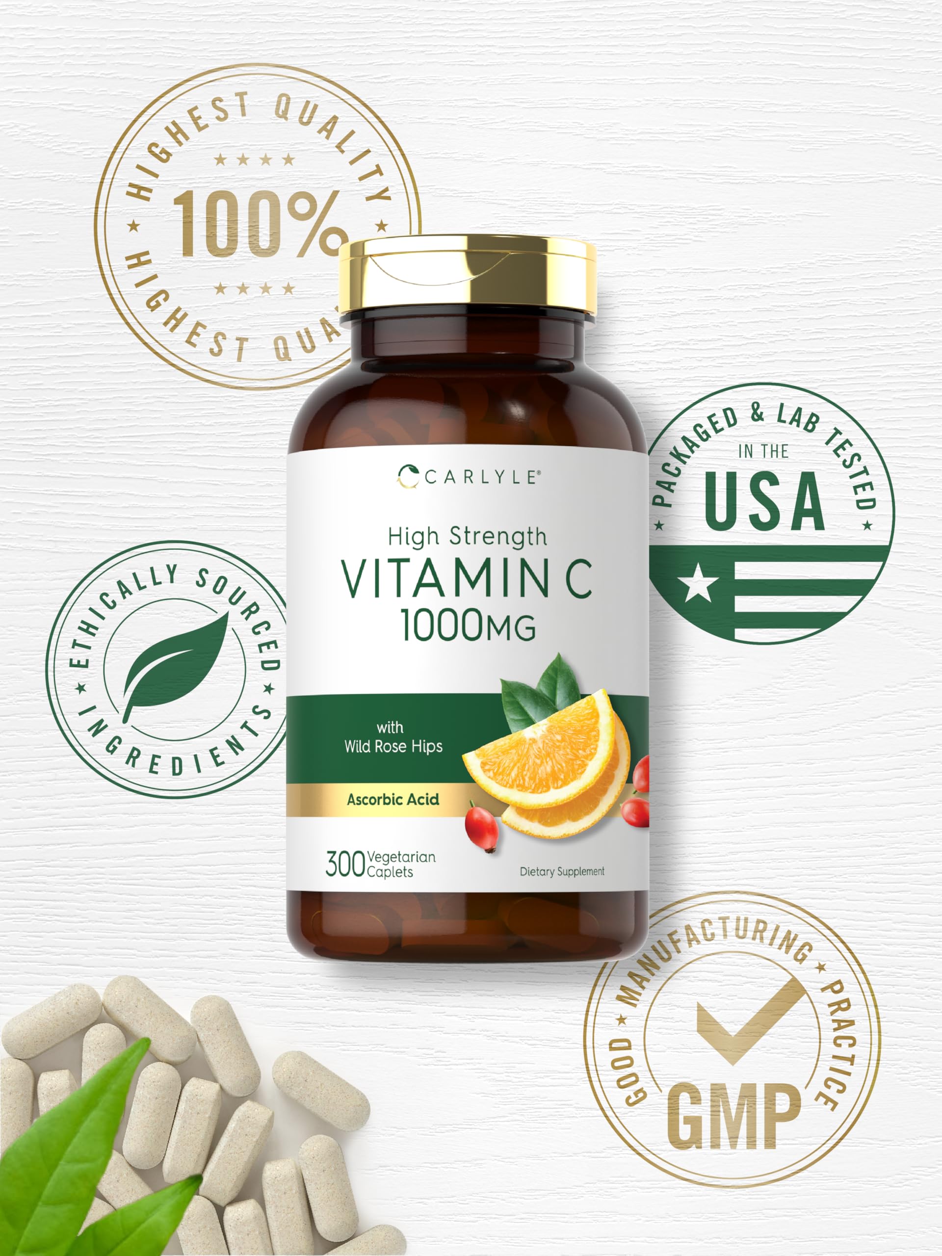 Etiqueta nutricional clara con 2000 mg por porción de Carlyle Vitamina C.
