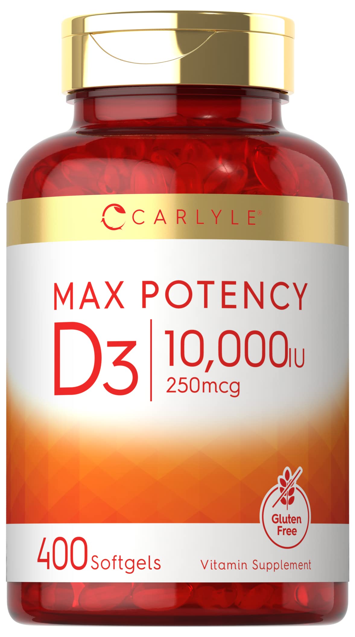 Carlyle Vitamina D 10000 UI, botella visible, apoyo diario de bienestar.