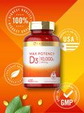 Carlyle Vitamina D 10000 UI, detalle de cápsula que facilita la toma.