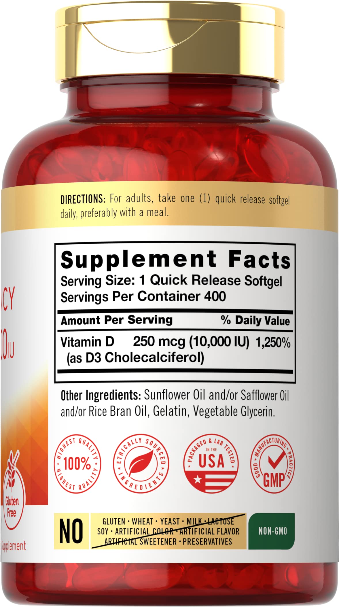 Carlyle Vitamina D 10000 UI, etiqueta frontal clara para uso diario.