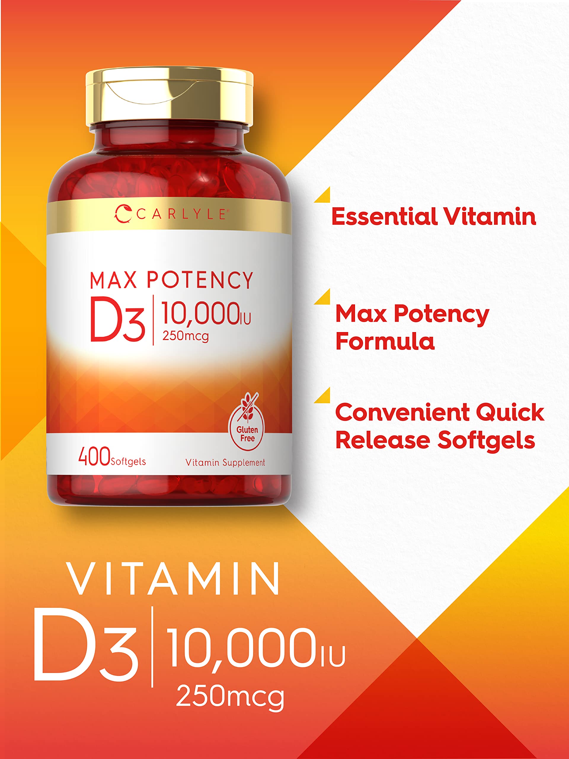 Carlyle Vitamina D 10000 UI, cápsulas blandas fáciles de tragar.