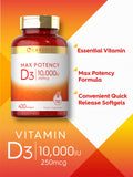 Carlyle Vitamina D 10000 UI, cápsulas blandas fáciles de tragar.