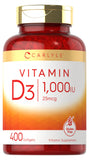 Carlyle Vitamina D3 1000 UI, cápsulas suaves en botella para uso diario.