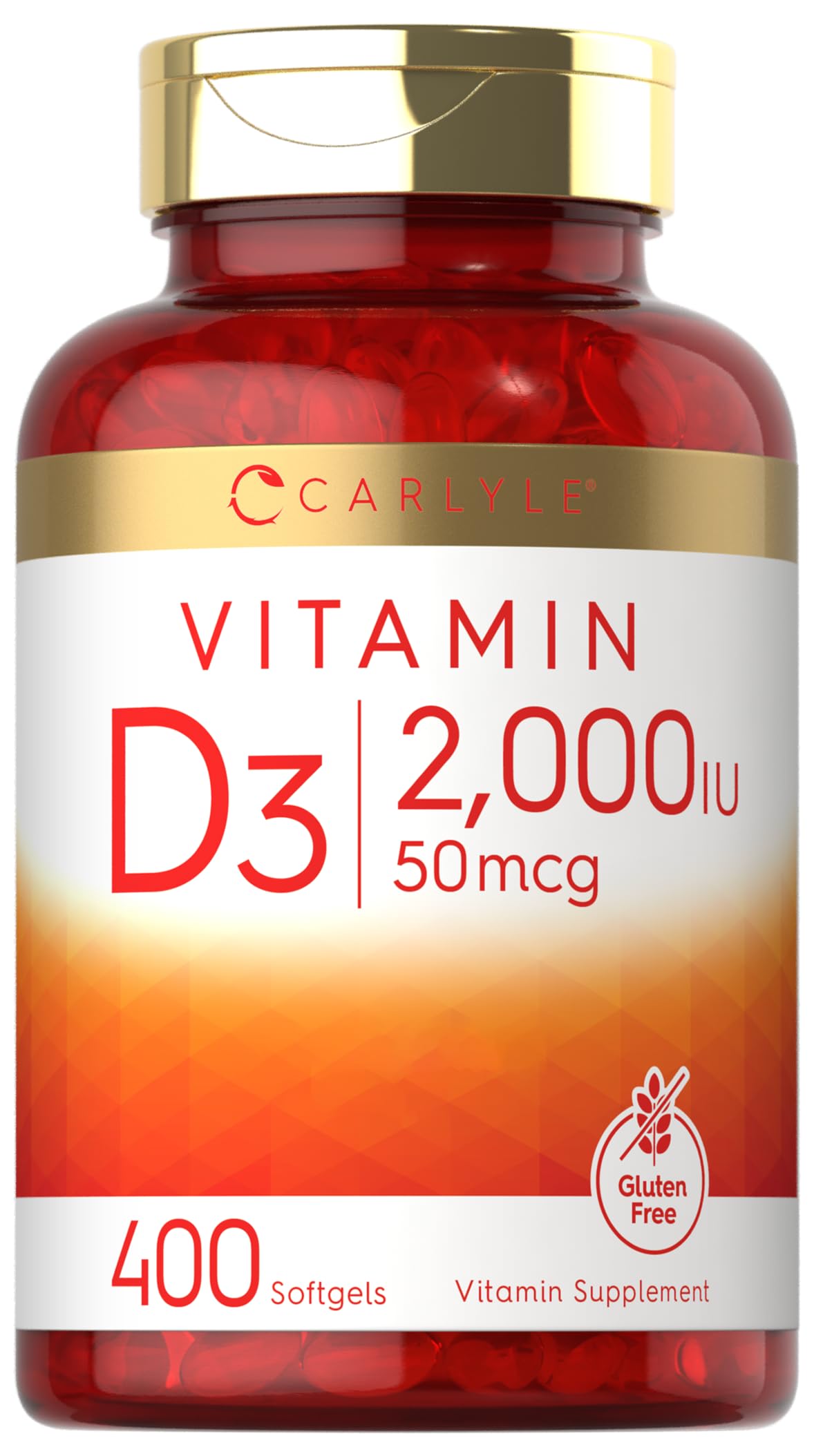 Carlyle Vitamina D3 2000 UI en botella de 400 cápsulas para uso diario.