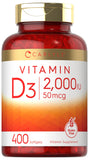 Carlyle Vitamina D3 2000 UI en botella de 400 cápsulas para uso diario.