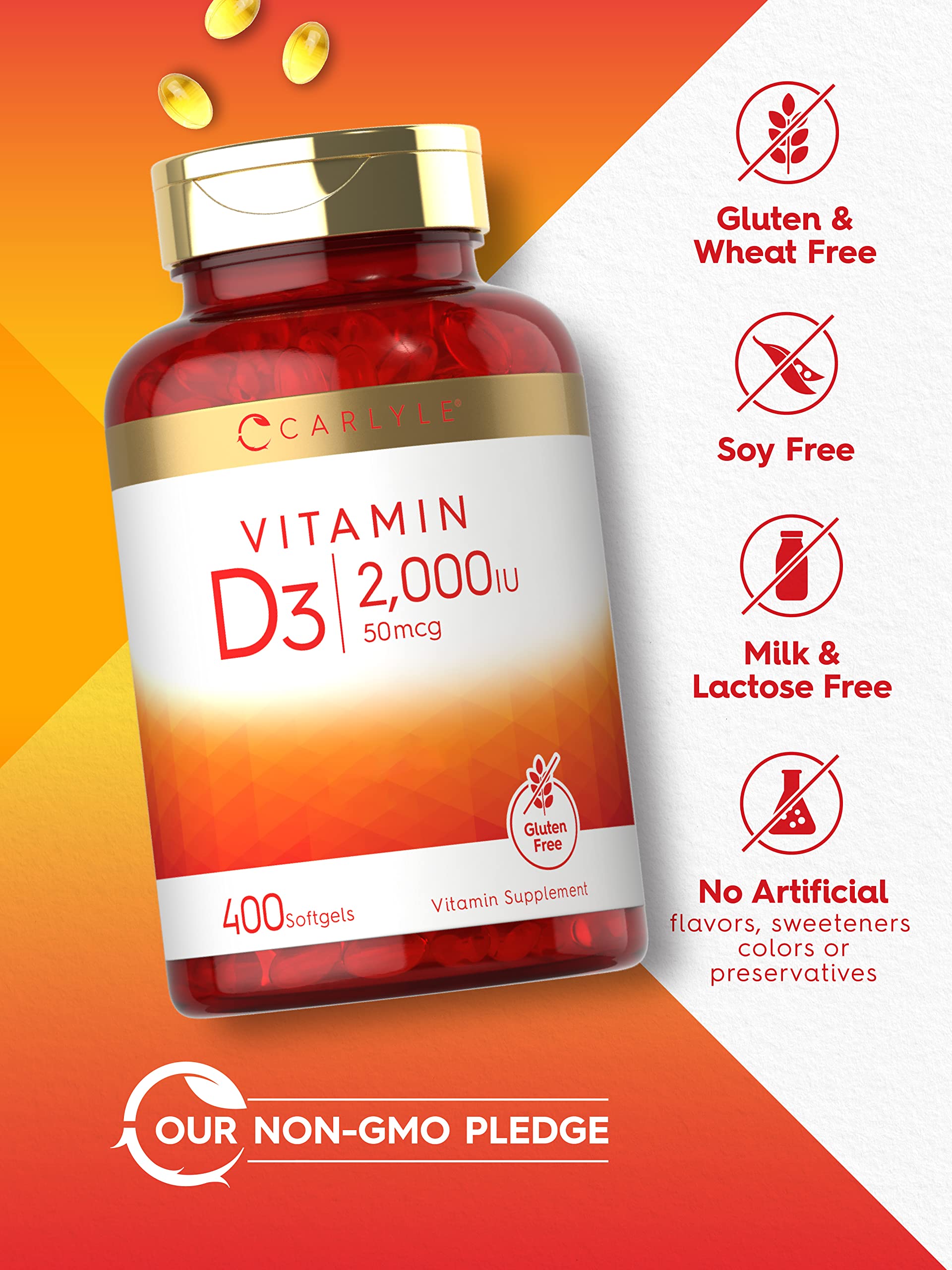 Empaque sin gluten de Carlyle D3 2000UI para personas con sensibilidad.