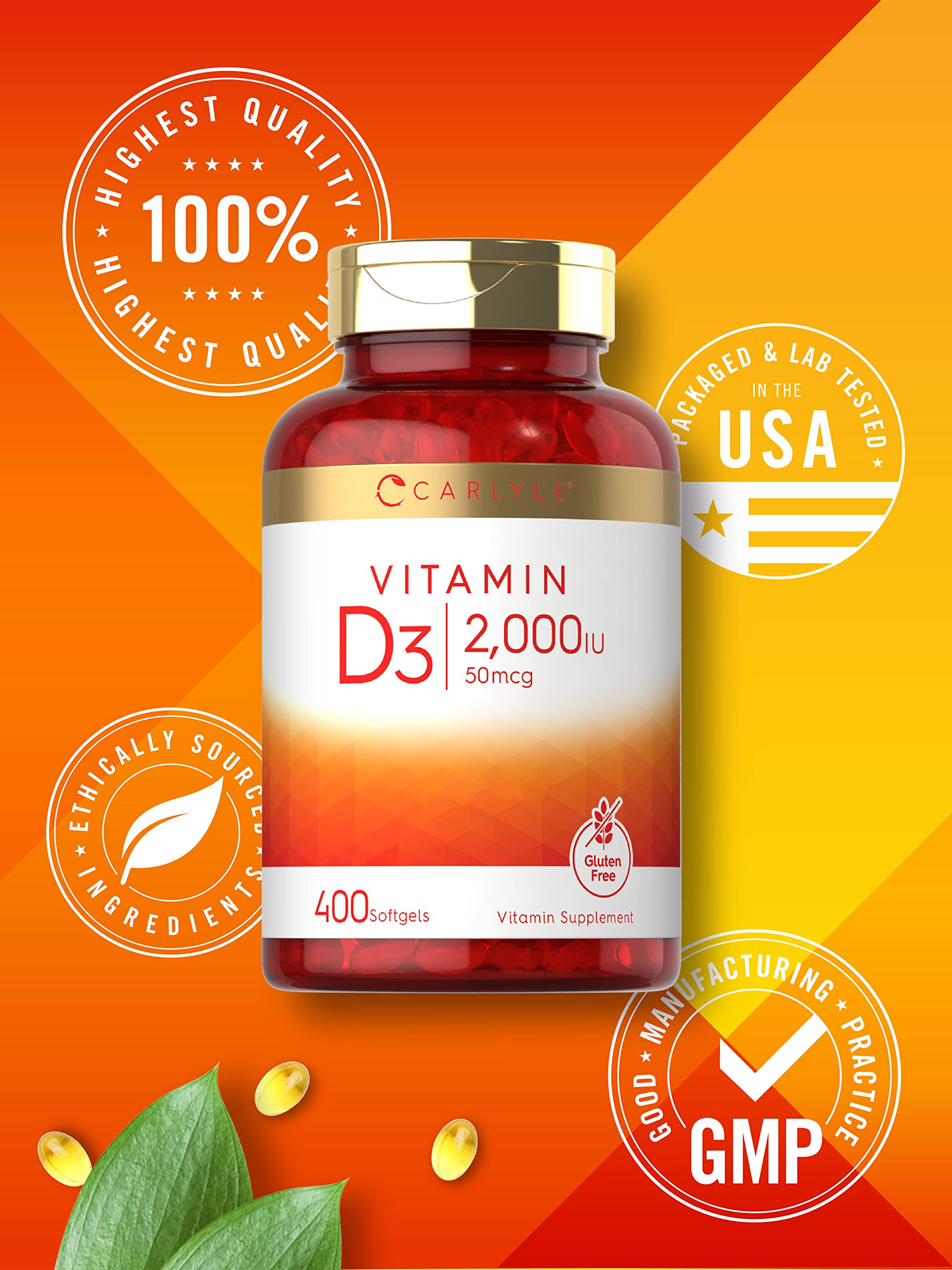 Ingredientes naturales de Carlyle Vitamina D3 2000 UI en lista clara.