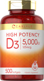 Carlyle Vitamina D3 5000 UI, cápsulas blandas, frasco visto de frente, uso diario.