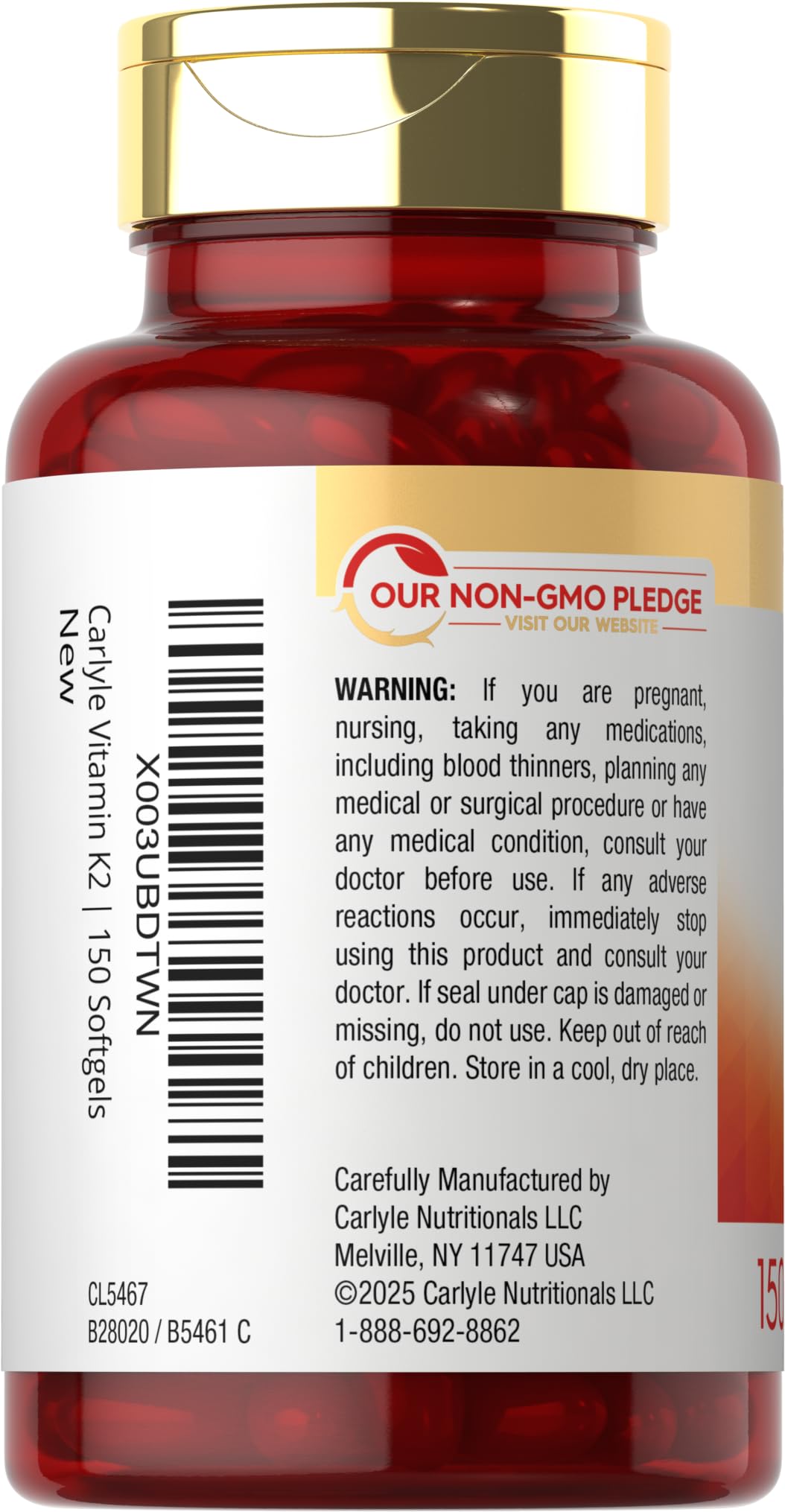 Carlyle Vitamina K2 MK7: etiqueta legible con información de ingredientes