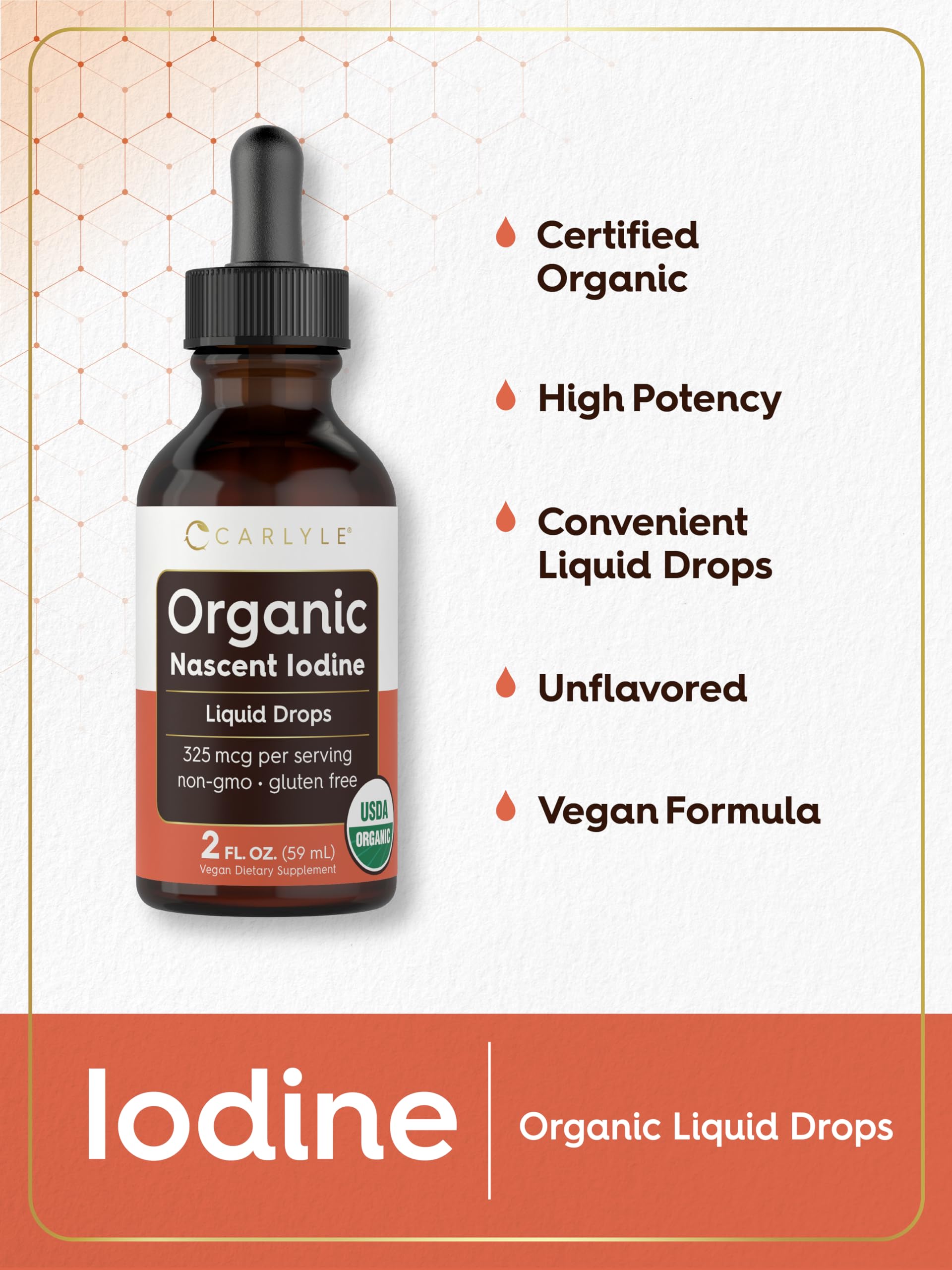 Carlyle yodo naciente, etiqueta detallada con información de ingredientes.