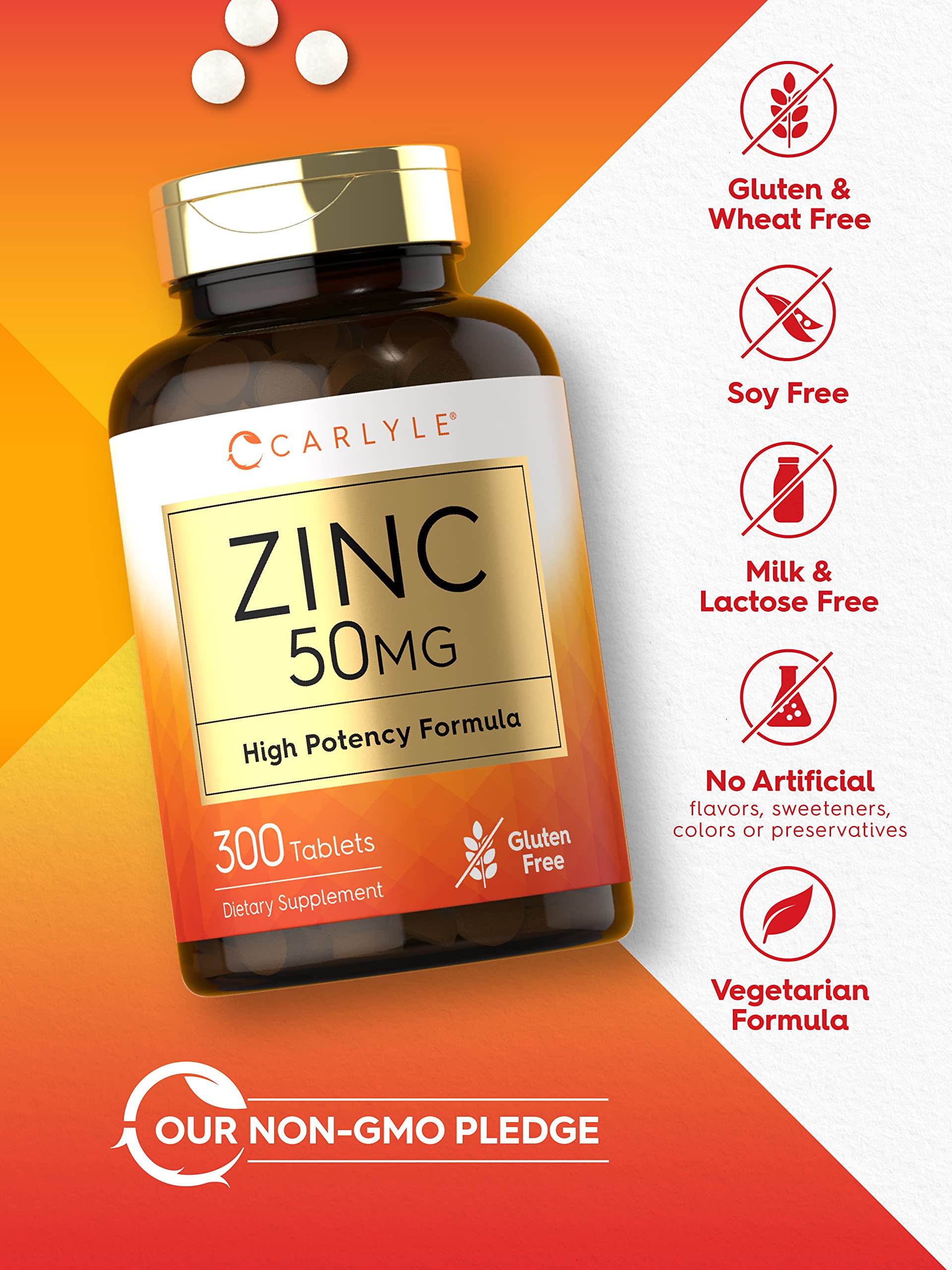 Carlyle Zinc 50 mg: caja que destaca libre de gluten y sin OGM.