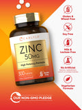 Carlyle Zinc 50 mg: caja que destaca libre de gluten y sin OGM.