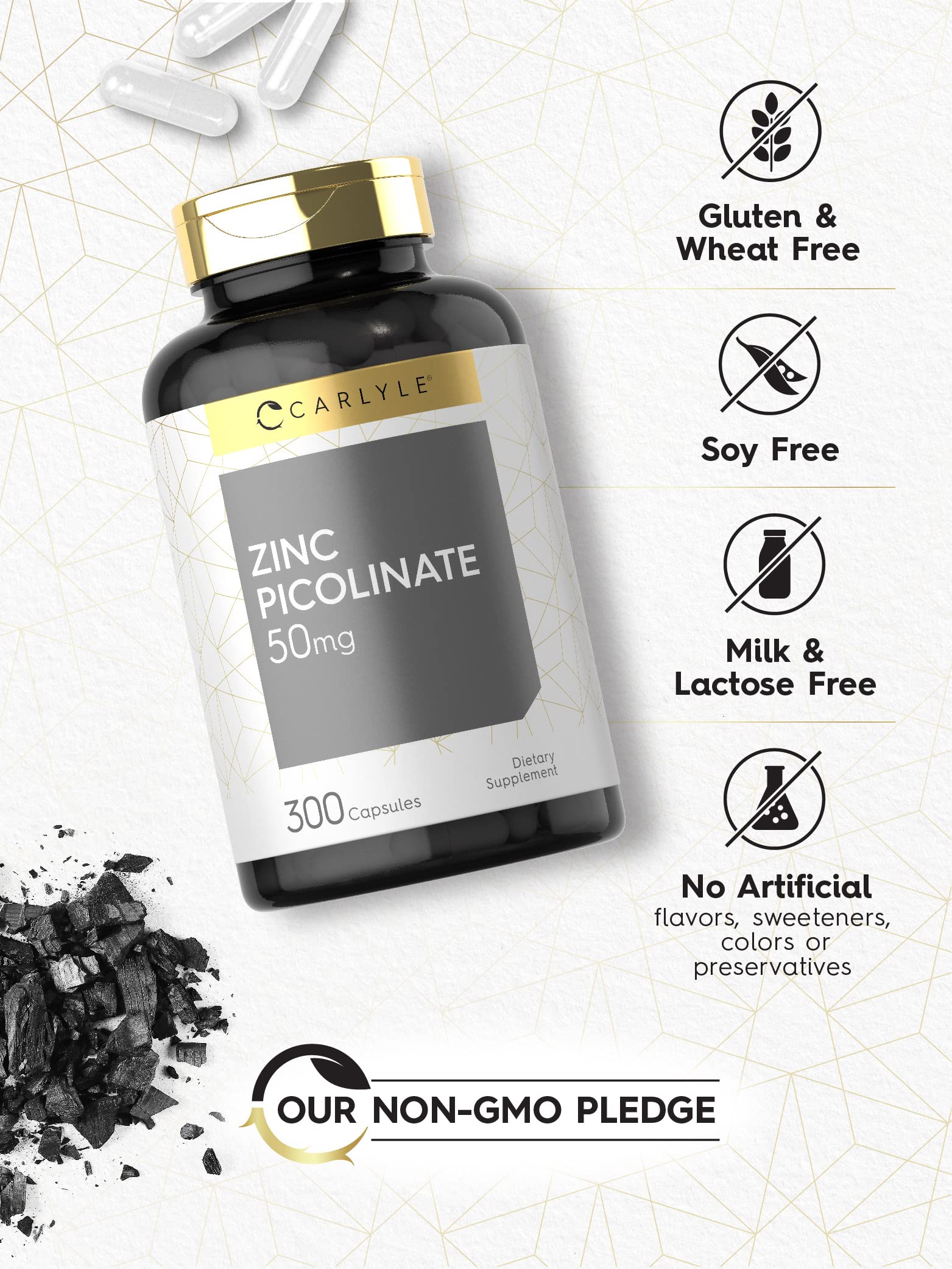 Cápsulas Carlyle Zinc Picolinate 50 mg, liberación rápida para absorción eficiente.